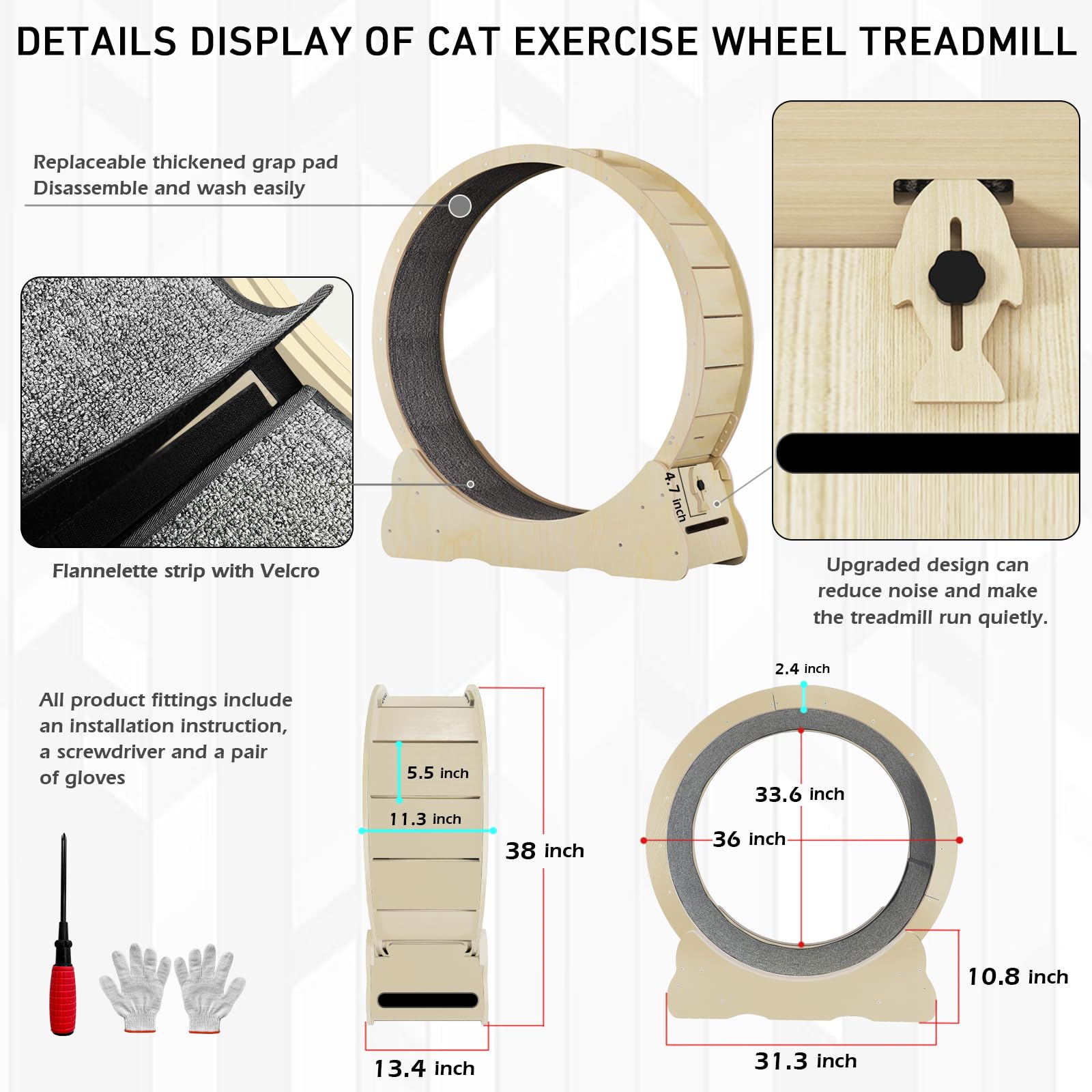 Silent Cat Exercise Wheel for Indoor Cats - TPE Roller, Wooden Cat Treadmill with Replaceable Pads for Weight Loss & Fitness - Perfect for Small Apartments & Active Feline Playtime
