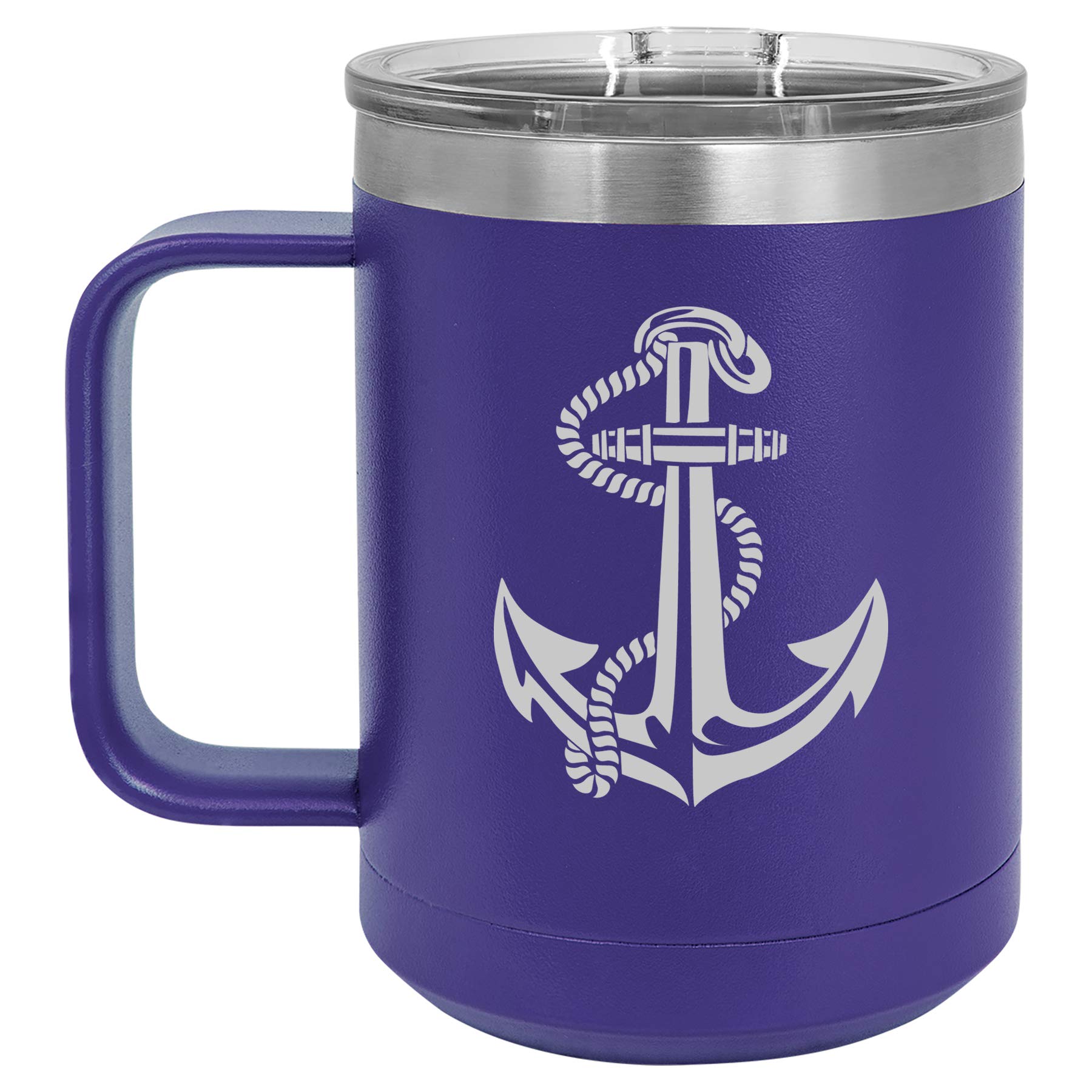 15 oz Vacuum Insulated Stainless Steel Tumbler with Handle & Lid - Leakproof Travel Coffee Mug for Hot & Cold Drinks - Nautical Anchor Design with Rope (Purple) - Perfect for Camping, Office & Commuting