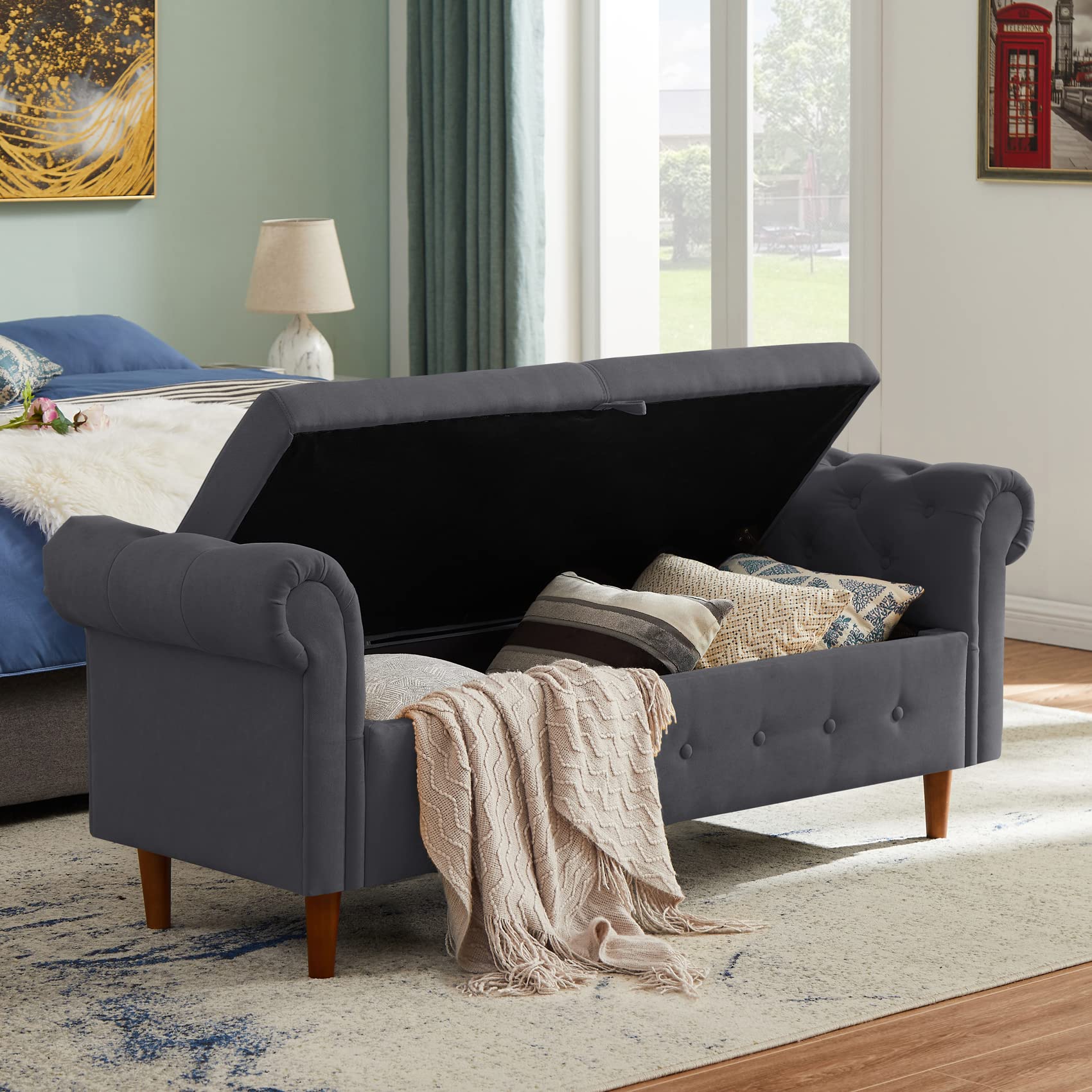 Aoowow Storage Bench with Rolled Arms - Linen Fabric Ottoman Couch for Bedroom, End of Bed, Window Seat or Fireplace - Multi-Functional Toy Storage Bench (Gray) - Perfect for Small Space Organization & Cozy Seating
