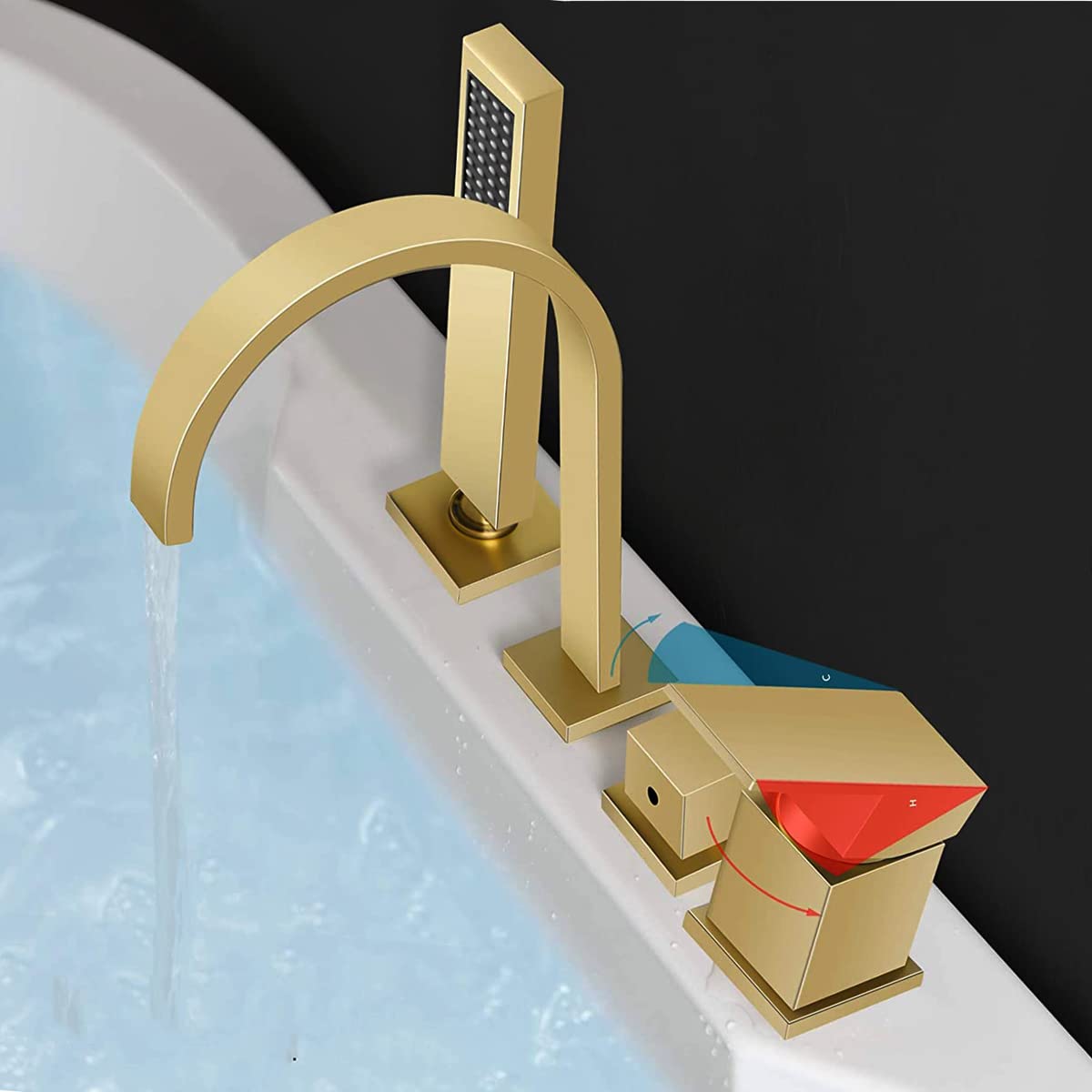 Modern 4-Hole Waterfall Brushed Gold Bathtub Faucet - Roman Tub Filler with Handheld Shower - Solid Brass Bathroom Faucet for Luxury Spa Experience