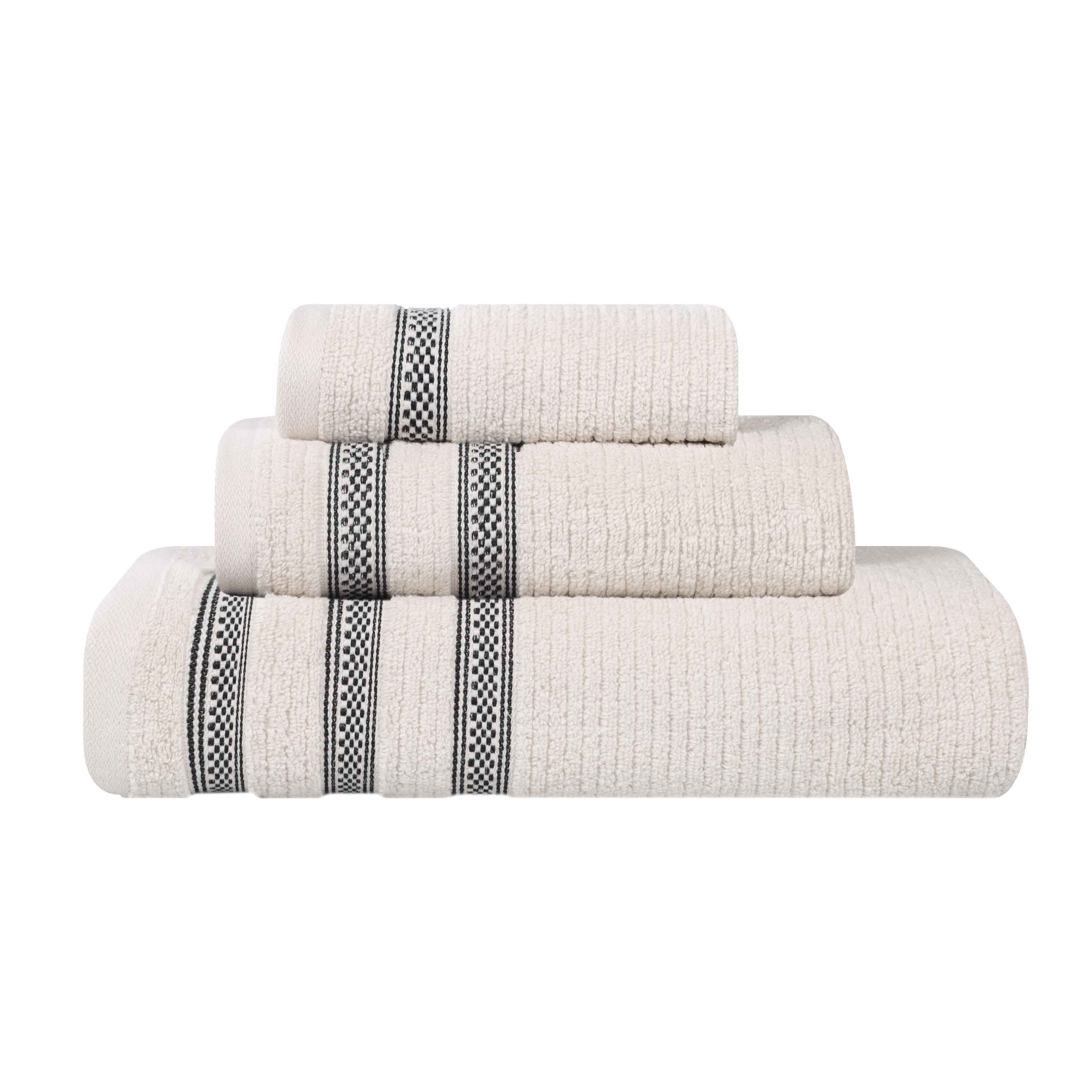 Premium Zero Twist Cotton Ribbed Geometric Border Plush 3-Piece Bath Towel Set - Ultra Soft & Absorbent for Spa, Bathroom & Luxury Home Use