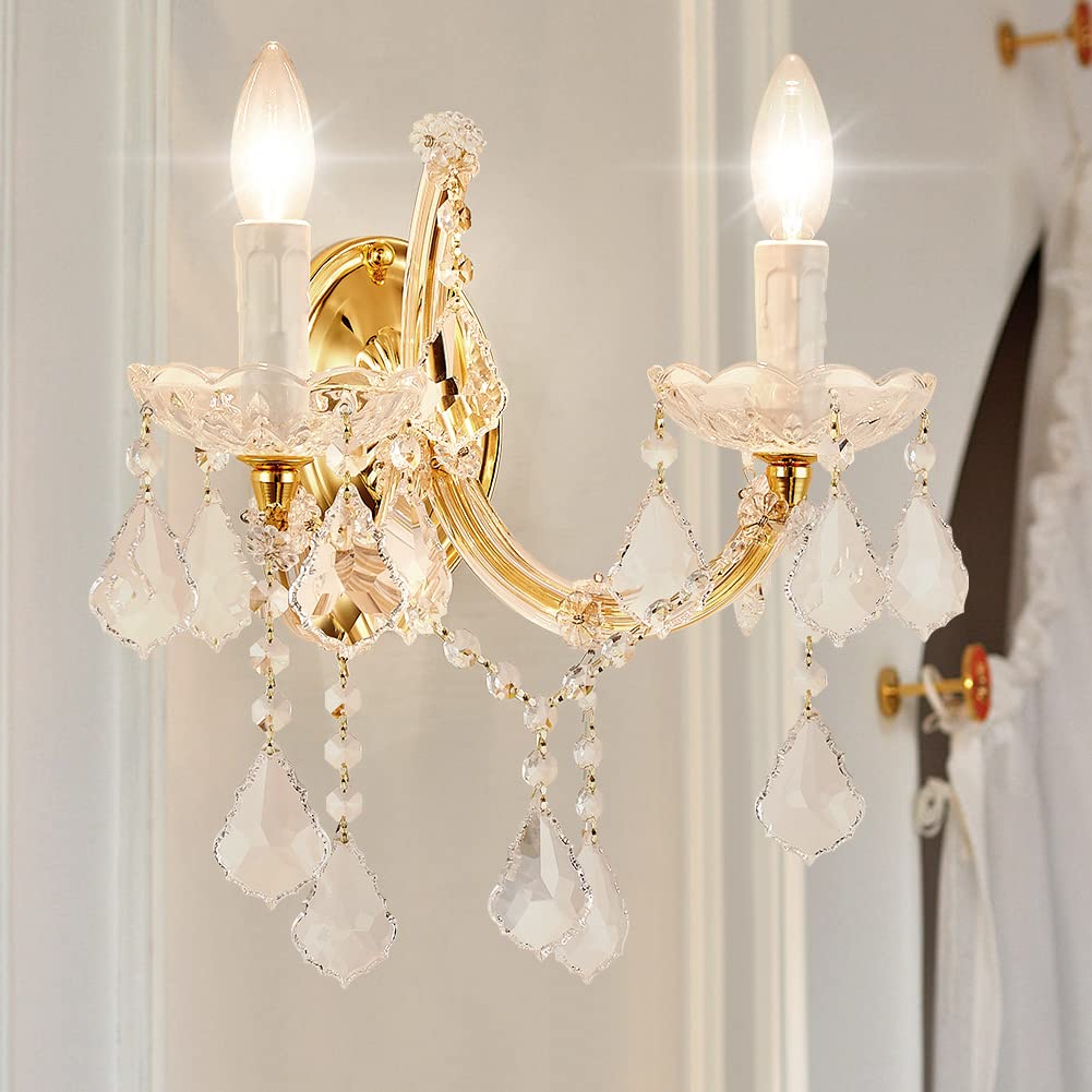 Crystal Wall Sconce Lights - Modern 2-Light Maria Theresa Style Gold Wall Lamp Fixture for Bedroom, Living Room, Hallway | Elegant Lighting for Home Decor, Bedside Reading & Corridor Ambiance
