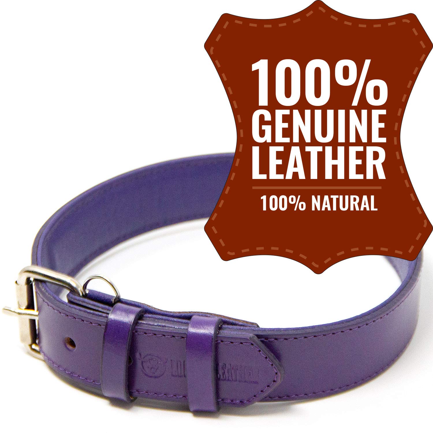Premium Full Grain Padded Genuine Leather Dog Collar for Large Dogs - Adjustable & Durable Purple Pet Collar for Training, Walking & Outdoor Adventures