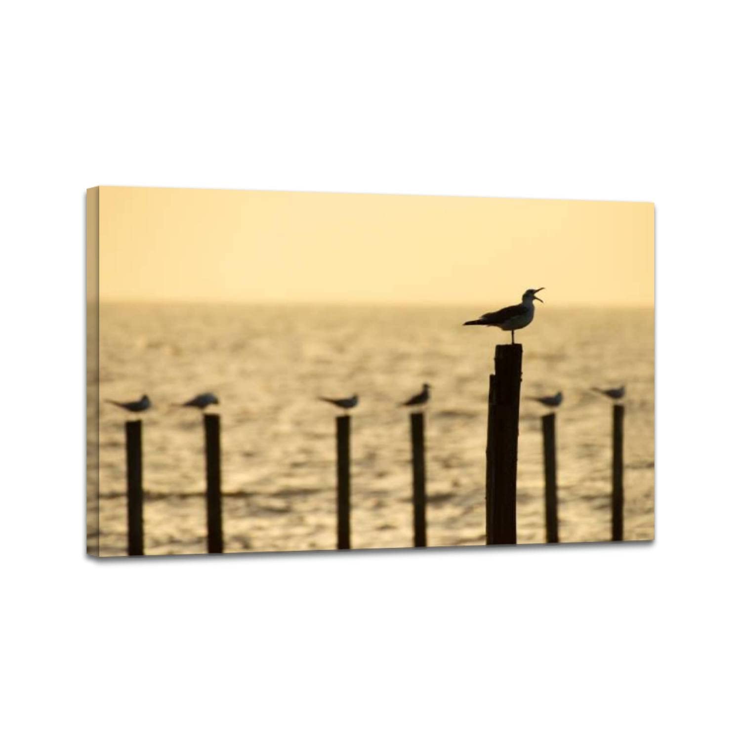 Seven Seagulls Perched Framed Canvas Wall Art - Coastal Beach Decor for Bedroom, Living Room, Kitchen & Home Office - Ready to Hang Painting for Coastal Theme Interior Design