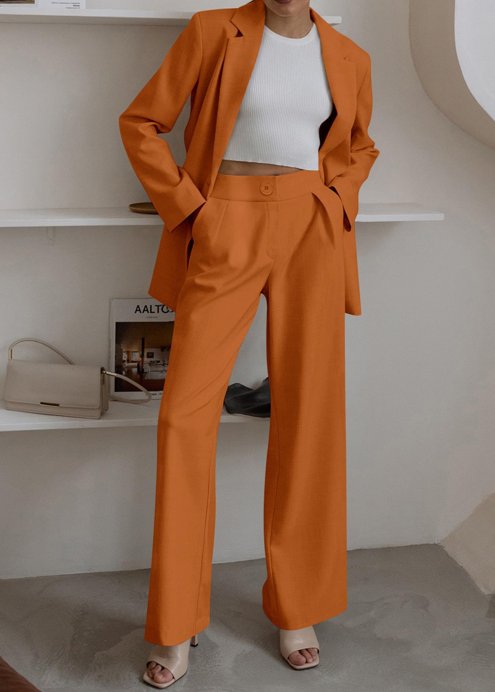KIRUNDO Women's 2025 Spring Fall 2 Piece Blazer Pant Suit Set - Casual Loose Fit Long Blazer Jacket with Pockets & Dressy Wide Leg Pants for Office, Business Meetings and Formal Occasions