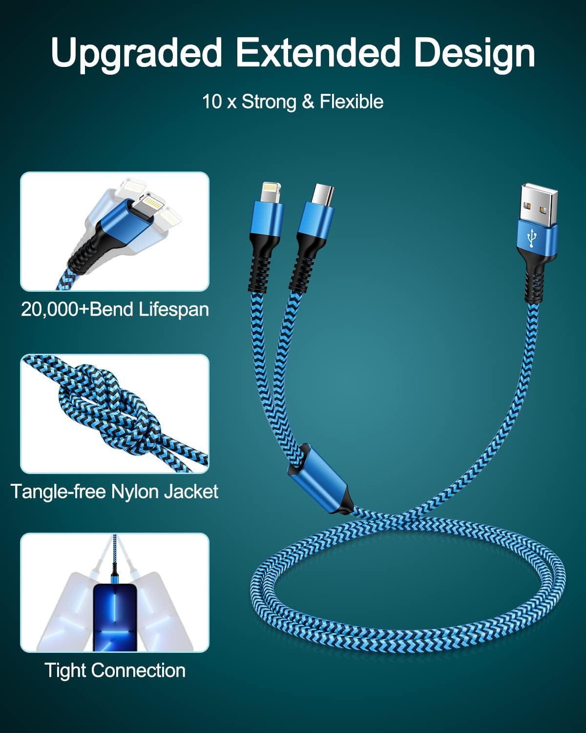 Haoano iPhone Charger Cable 2-in-1 USB to Lightning & USB-C Fast Charging Cable for iPhone 14/13/12/11/X/8 - Perfect for Home, Office, and Travel Use