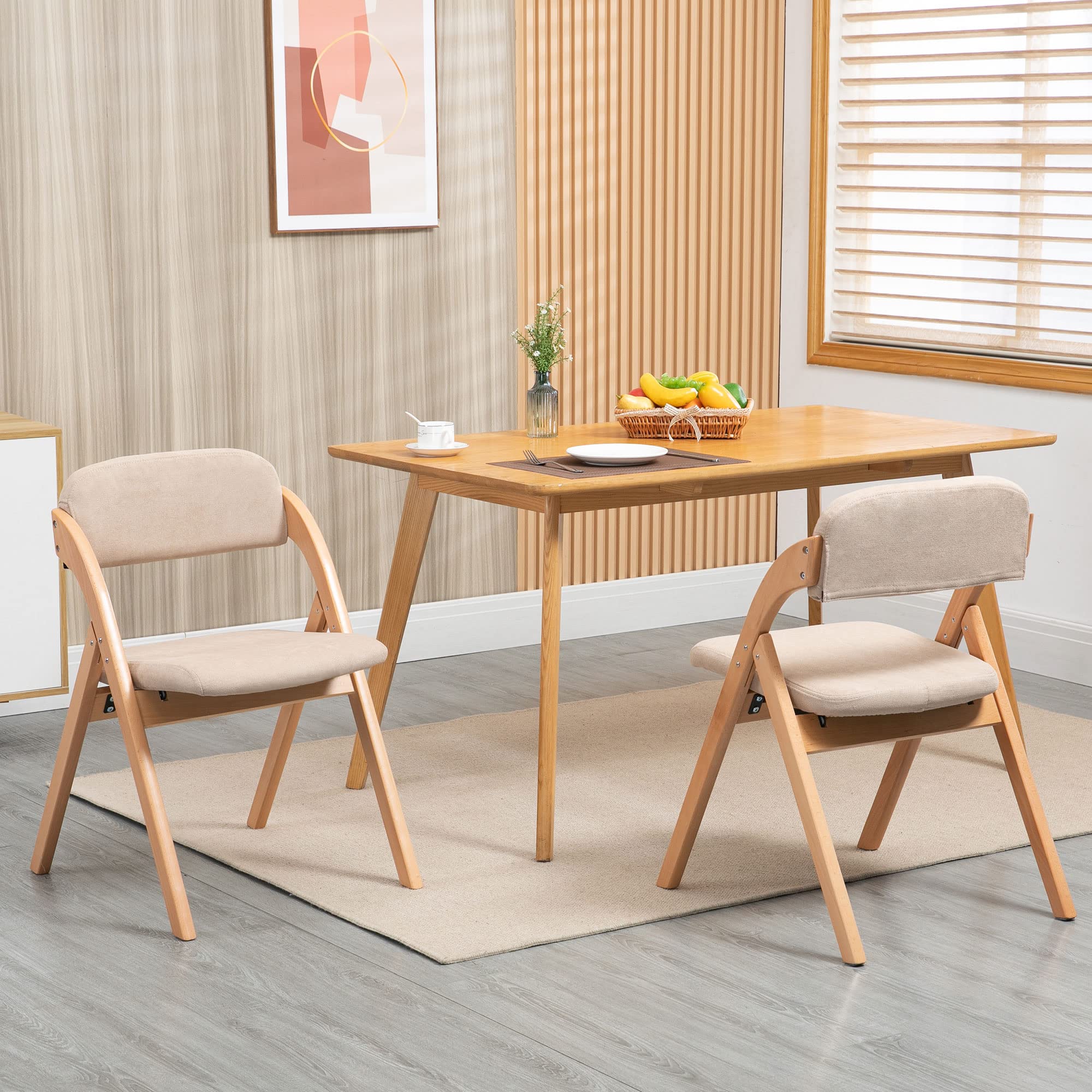 HOMEFUN 2-Pack Wooden Folding Chairs with Padded Seats & Removable Covers - Stackable Dining Chairs for Kitchen, Office, Wedding, Party, Picnic - Perfect for Guest Seating & Space Saving (Khaki)