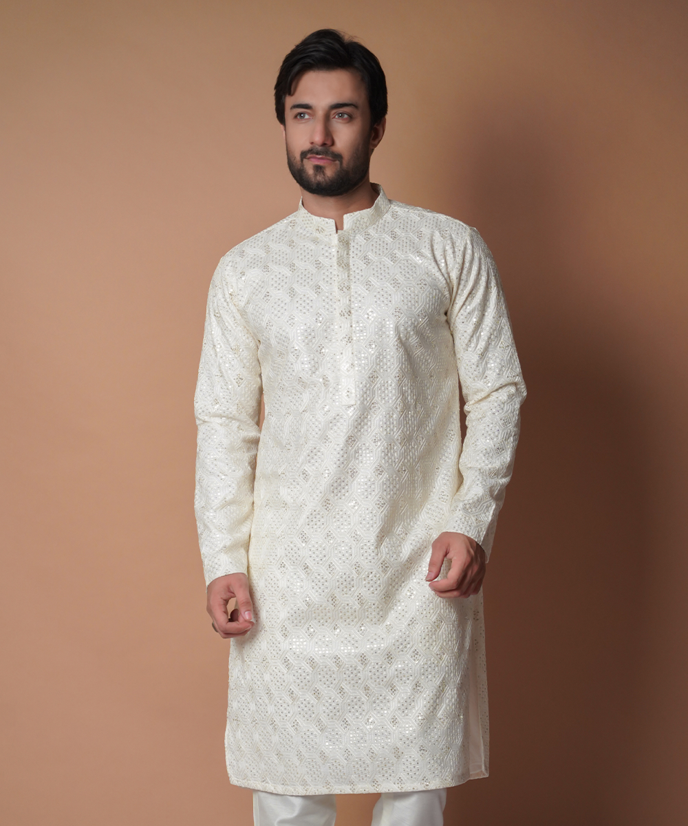 Elegant Ivory Resham Kurta Pants Set for Women - Traditional Indian Ethnic Wear for Festivals, Weddings & Special Occasions