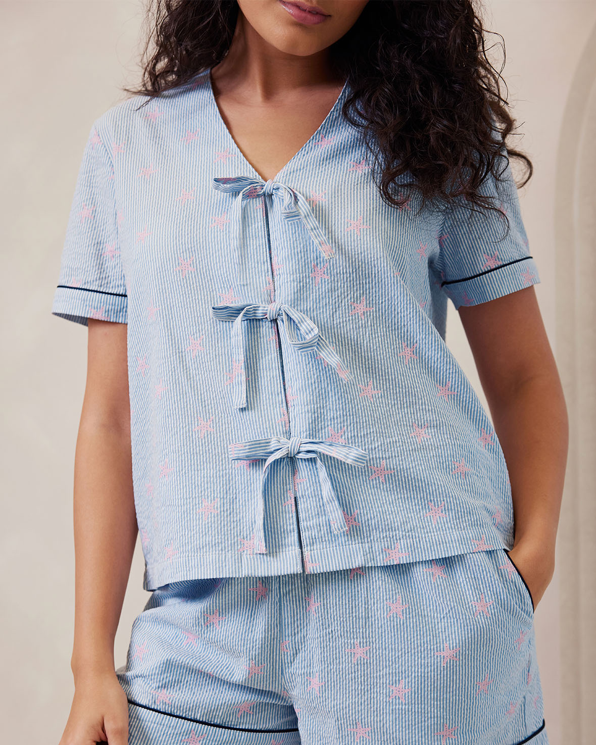 Seersucker Cotton Starfish Stripe Print Short Pajama Set for Women - Summer Sleepwear & Lounge Wear - Comfortable Nightwear for Hot Weather
