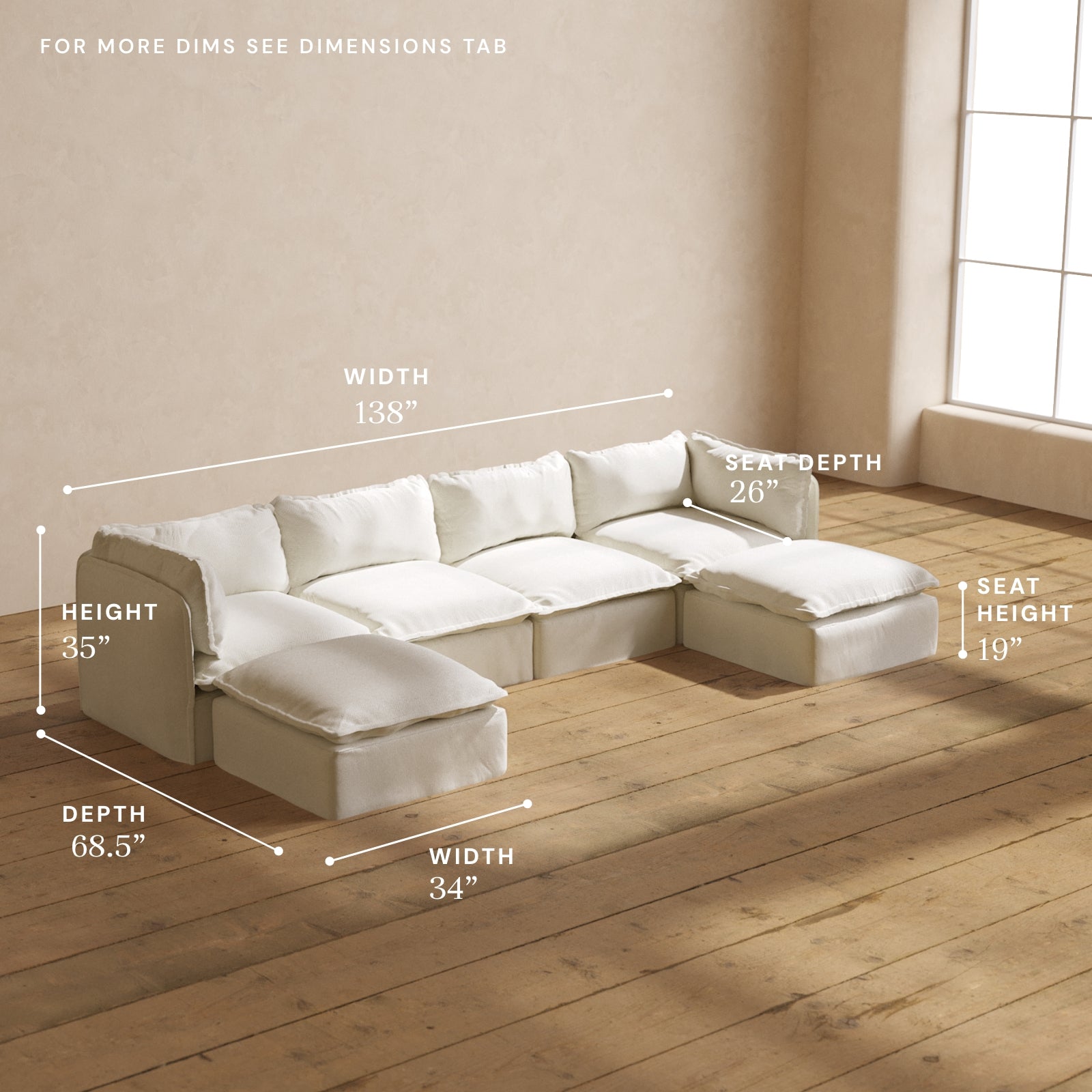 Modular Performance 4-Seater U-Shaped Sectional Sofa in Eggshell White | Premium Fabric Blend | Perfect for Living Room, Family Room & Home Theater Seating