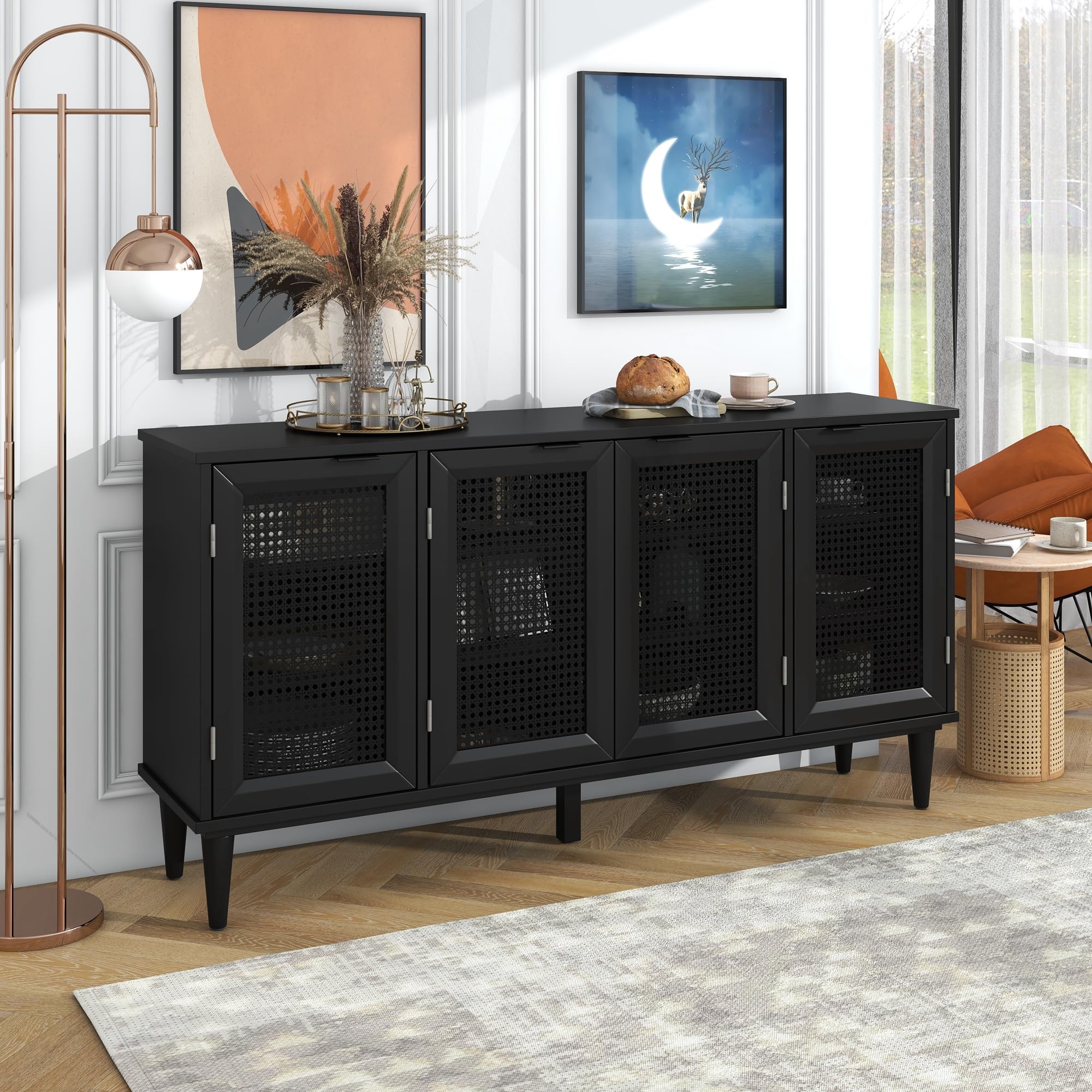Vintage Freestanding Buffet Sideboard Cabinet with Artificial Rattan Doors - Black Storage Console Table for Dining Room, Living Room & Entryway | Large Capacity Kitchen Storage with Discreet Doorknob | Perfect for Home Decor, Entertaining & Organization