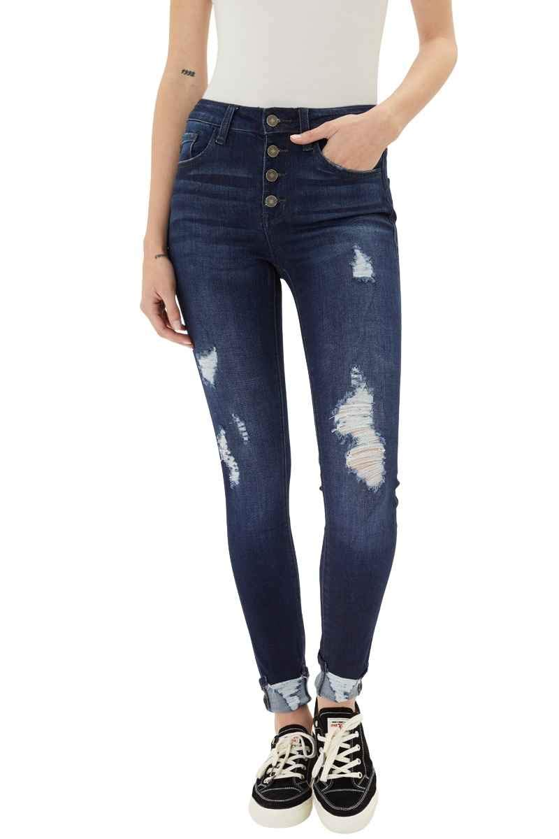 Kan Can Women's High Rise Button Fly Distressed Super Skinny Jeans - Vintage Stretch Denim Pants for Casual Wear & Night Out