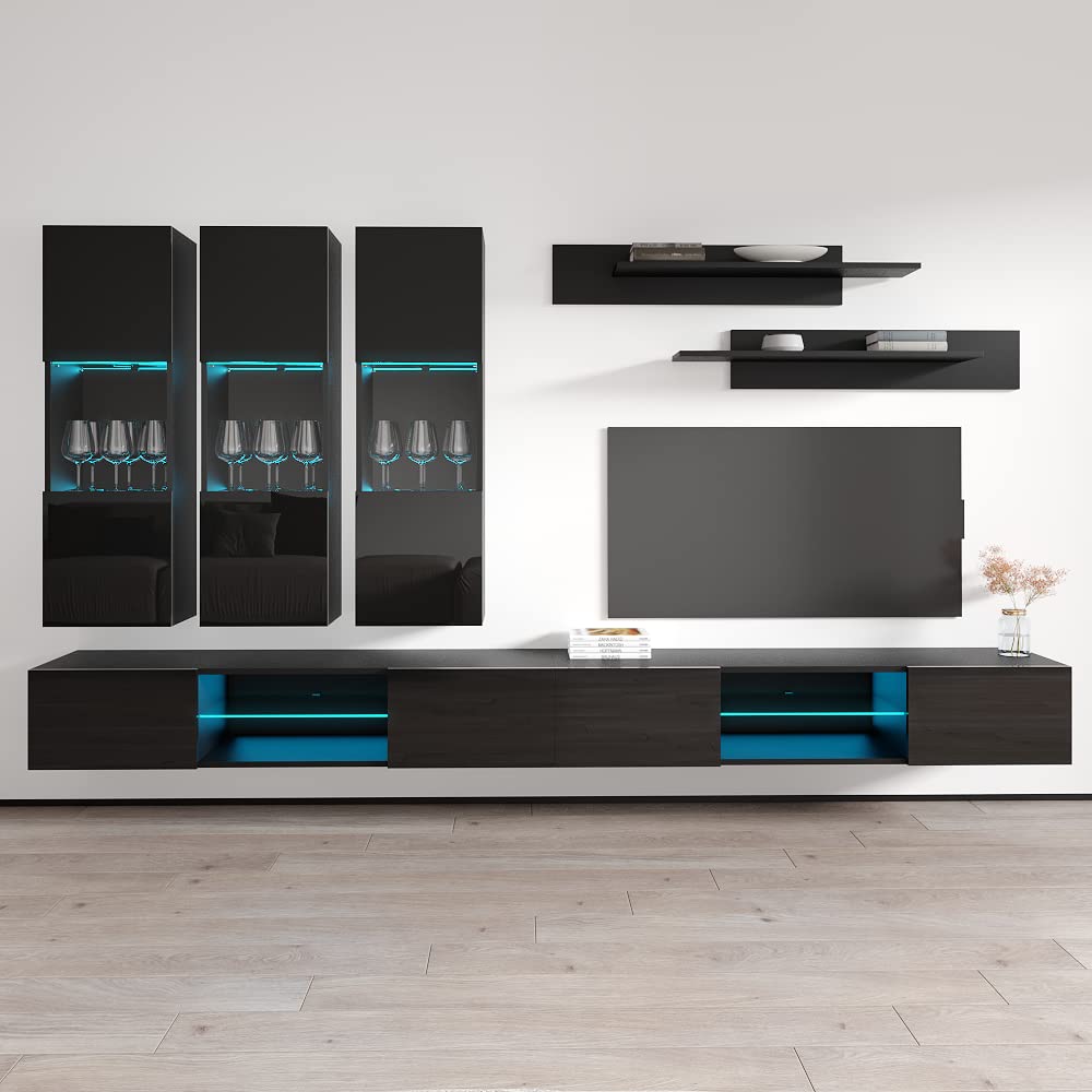 Modern Floating TV Stand with Storage & LED Lights - Wall-Mounted Entertainment Center for Bedroom & Living Room - Black E2 33TV Console with Shelves - Perfect for Small Spaces & Home Theater Setups