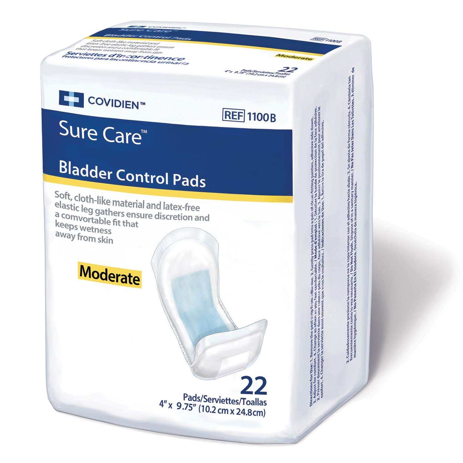 Covidien 1100B Sure Care Bladder Control Pads for Adults - Moderate Absorbency, 4 x 9 3/4 Inches, 22 Count Pack - Ideal for Incontinence Protection at Home or Travel