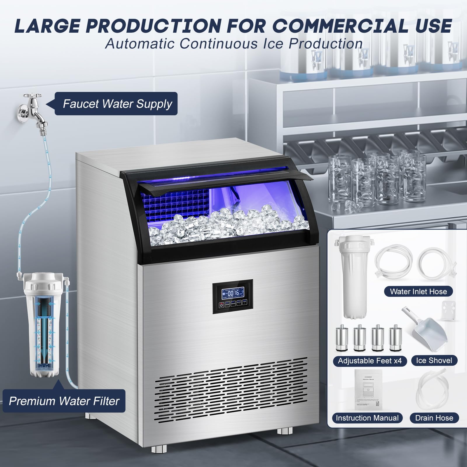 Commercial Ice Maker Machine 360LBS/24H with 80LBS Storage Bin - 126 Ice Cubes Per Batch, Stainless Steel Undercounter or Freestanding Ice Machine for Home Bar, Restaurant, Outdoor Party - Self Cleaning & Energy Efficient