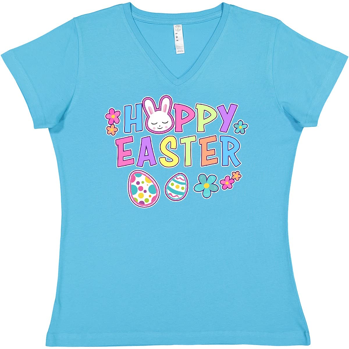 Inktastic Happy Easter Bunny Face & Easter Eggs Women's V-Neck T-Shirt - Cute Spring Tee for Easter Celebrations, Egg Hunts & Family Gatherings