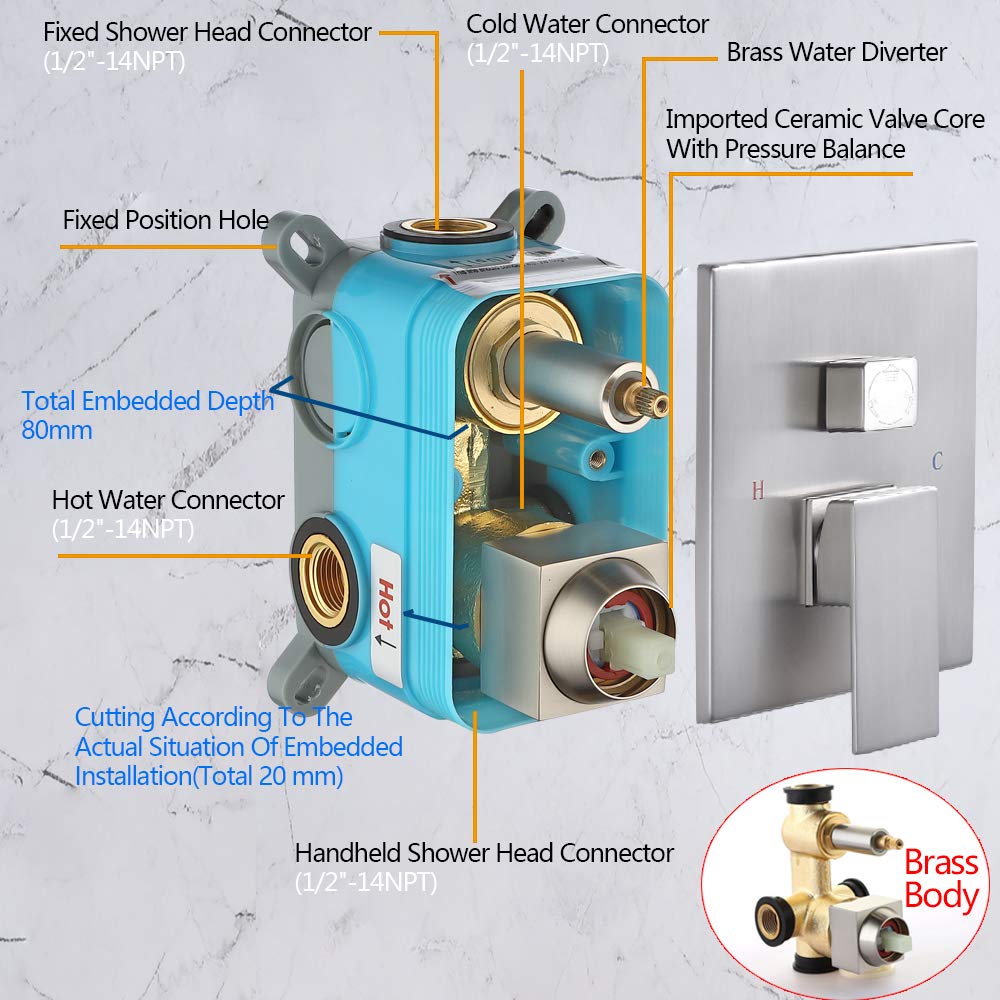 Premium Brushed Nickel Shower System Combo Set - 10 Inch Square Rainfall Shower Head, Mixer Valve & Tub Spout - Luxury Bathroom Upgrade for Spa-Like Experience (Perfect for Master Bathrooms & Modern Home Renovations)