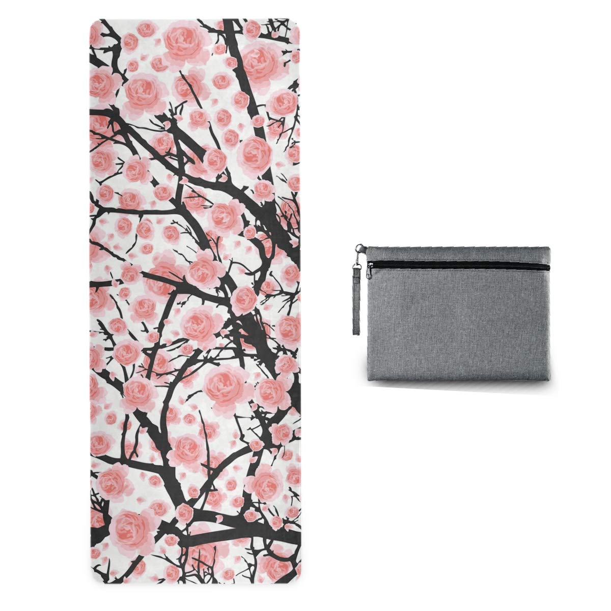 Non-Slip Travel Yoga Mat - Lightweight Foldable Exercise Mat with Carry Bag | Pink Cherry Blossom Design | Sweat Absorbent for Yoga, Pilates & Workouts | Perfect for Travel, Home & Gym Use