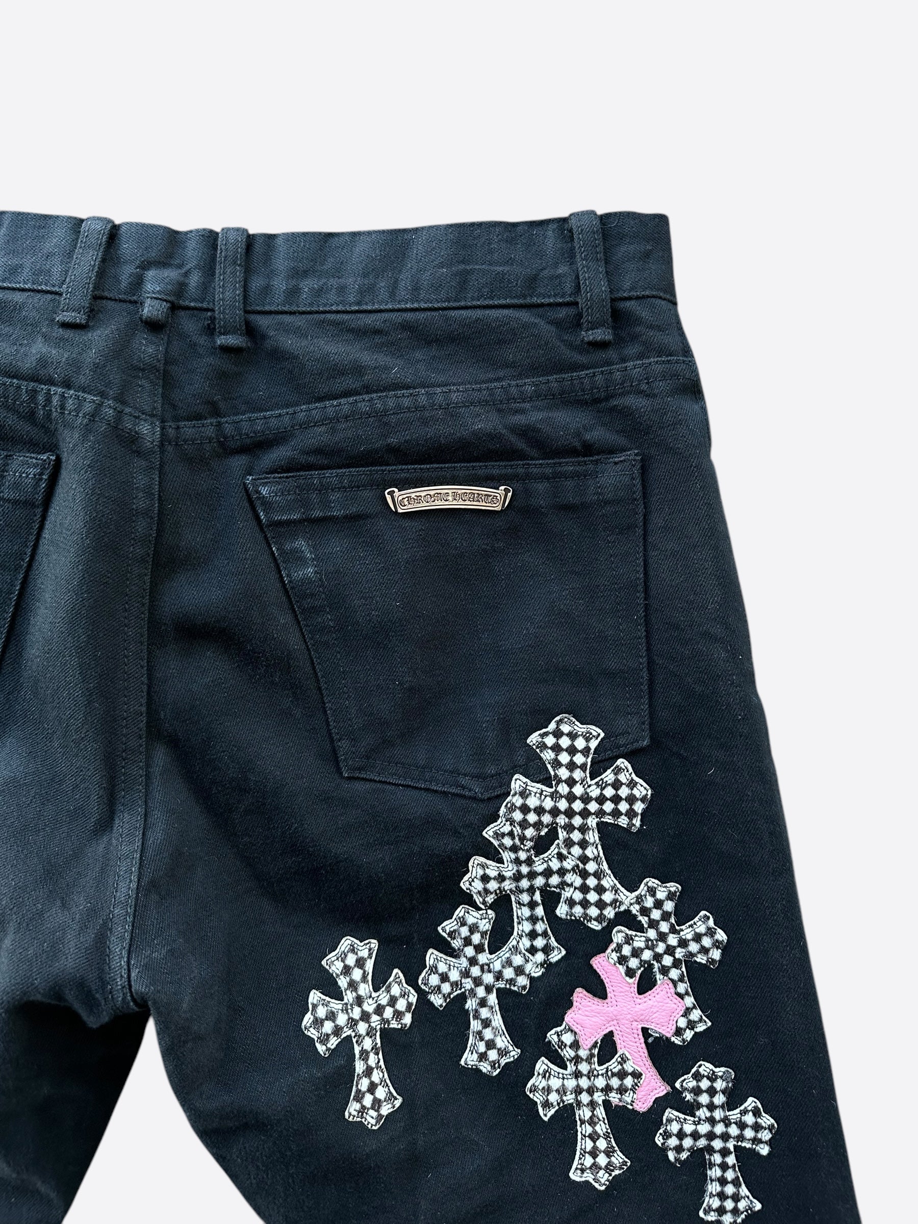 Chrome Hearts Black Pink Checkered Cross Patch Fleur Jeans - Stylish Distressed Denim for Women, Perfect for Casual Outfits & Streetwear Fashion