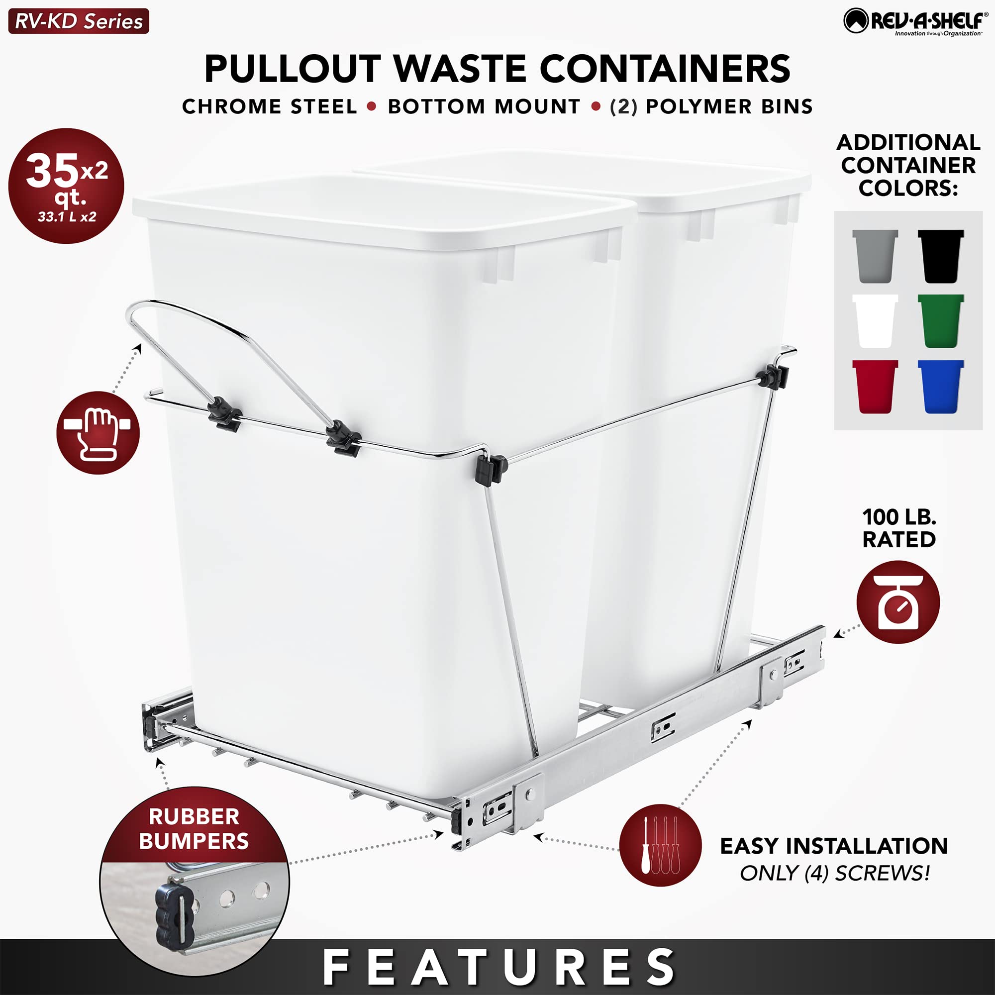 Rev-A-Shelf 35 Qt Double Pullout Trash Can for Kitchen Cabinets - Silver Garbage & Recycling Bin with Full-Extension Slides (Model RV-18KD-17C) | Perfect for Waste Management in Small Kitchens & RVs