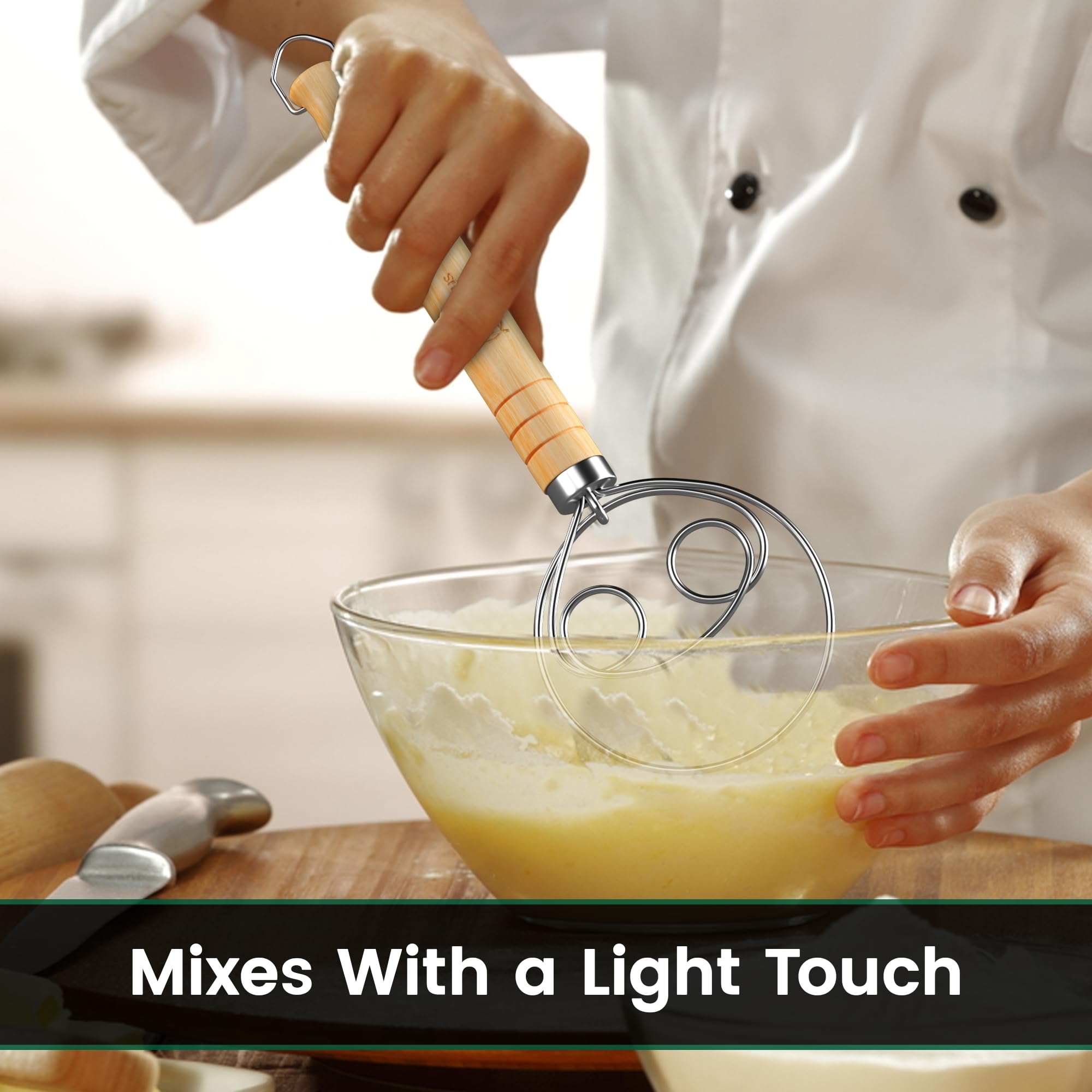 Premium Danish Dough Whisk for Bread Baking - Ergonomic Long Wooden Handle Mixing Tool - Perfect for Homemade Sourdough, Pizza Dough & Pastry Making