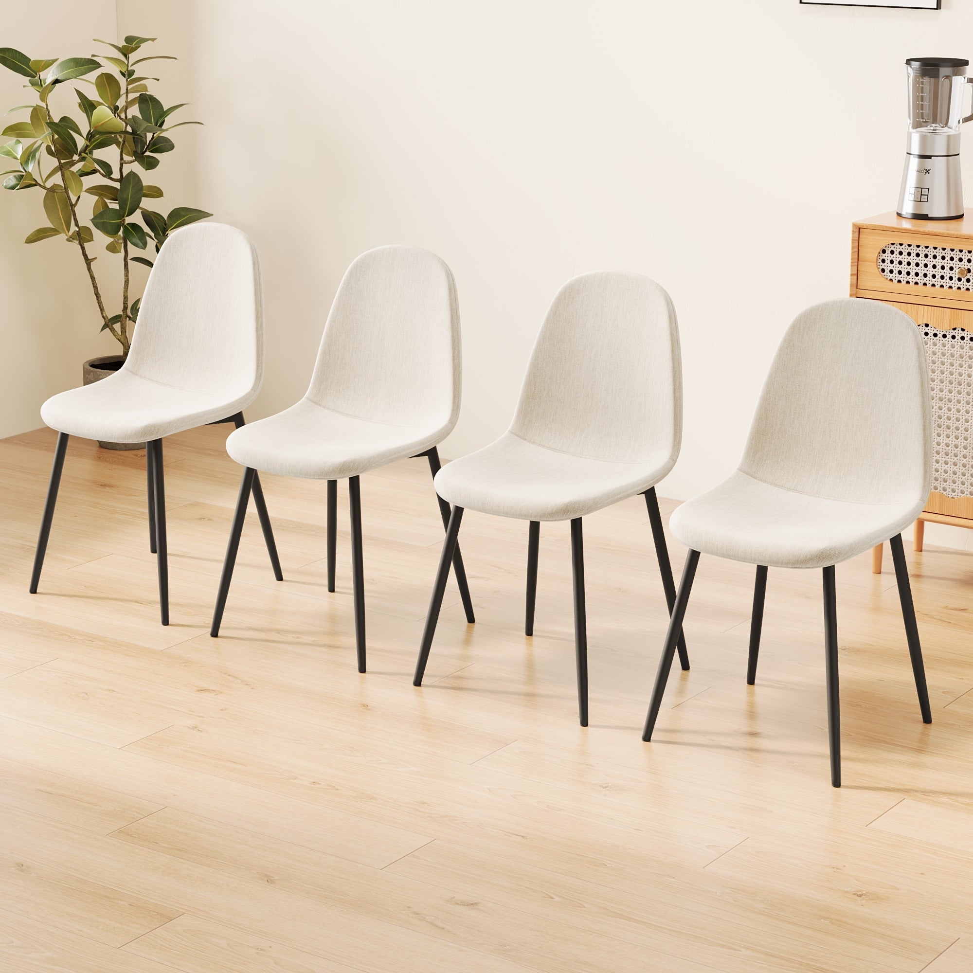 4-Piece Modern Dining Chairs Set - Linen Padded Seats with Sturdy Black Metal Legs (Beige) - Perfect for Kitchen, Dining Room, Home & Office Use