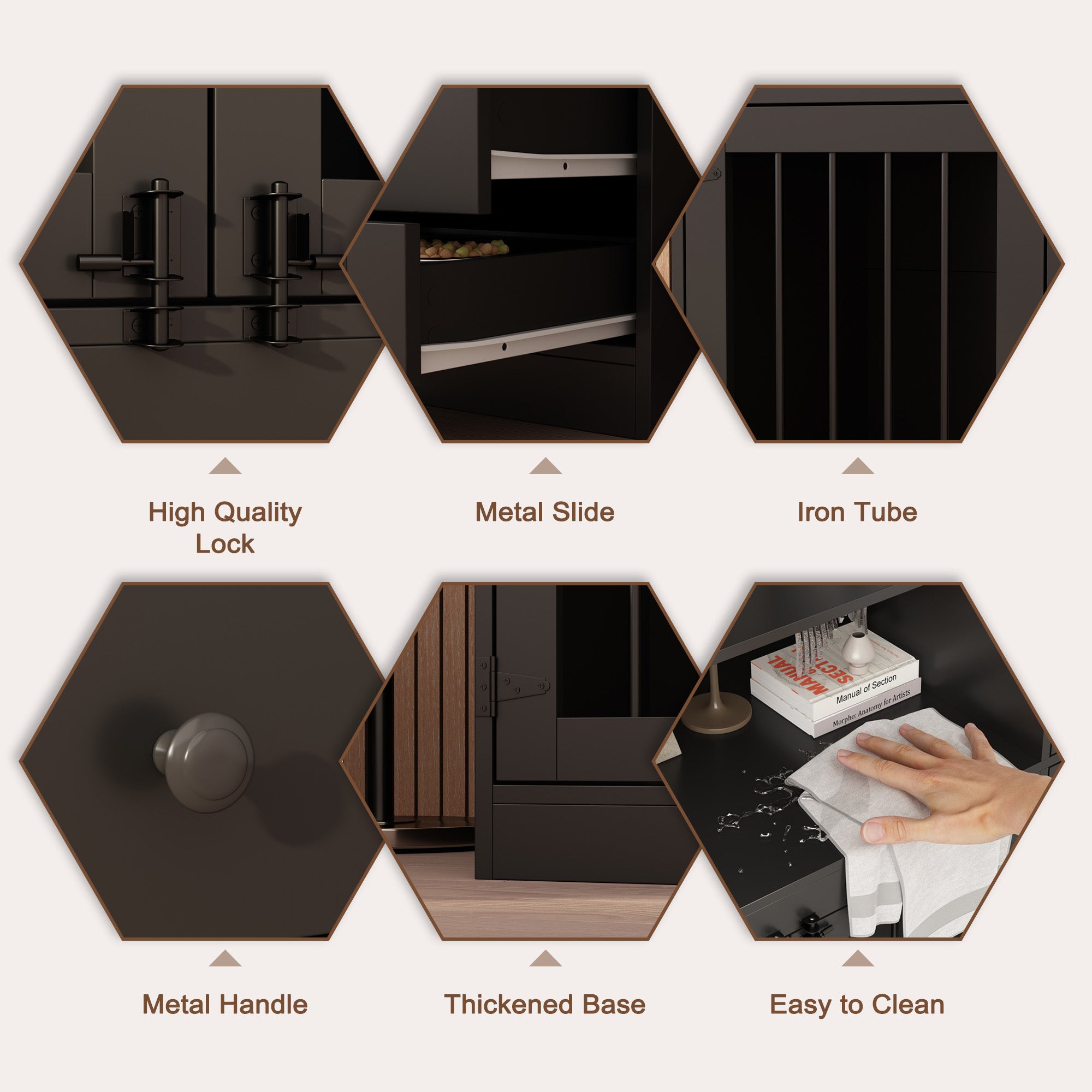 2 Door Dog Crate with Cabinet & Shelves - Foldable Metal Dog Kennel with Removable Tray & Food Bowl Drawer - Perfect for Home, Office, or Travel Use