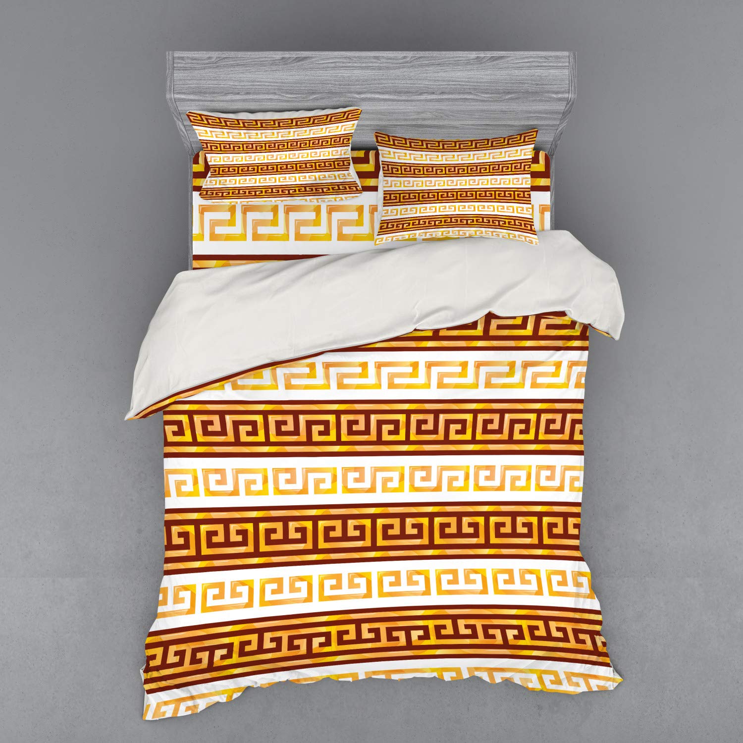 Ambesonne Retro Bedding Set - Greek Cultural Tribal Geometric Meanders Design 4-Piece Duvet Cover Set with Shams & Fitted Sheet, Queen Size, Redwood Apricot | Vintage Home Decor for Bedroom, Guest Room & Dorm | Soft & Breathable Cotton Blend