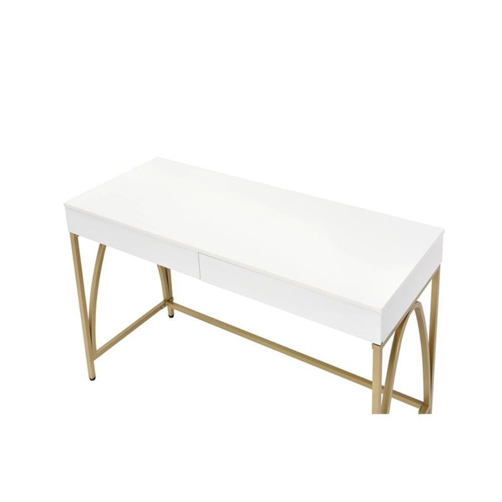 BOWERY HILL Contemporary Vanity Desk - White High Gloss Finish with Gold Accents | Modern Dressing Table for Bedroom, Makeup Station & Home Office