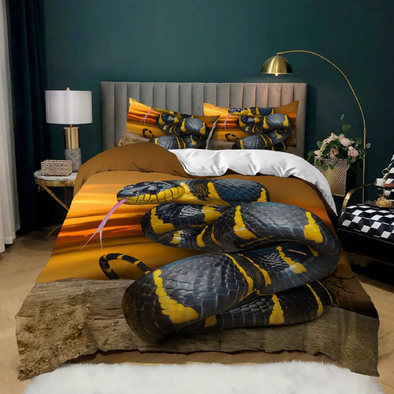3D Black Snake Print Reptile Style Luxury Duvet Cover & Comforter Set - Queen King Twin Full Size - Modern Bed in a Bag for Boys, Girls, Teens & Adults - Perfect for Jungle, Animal, or Reptile Themed Bedrooms (King Size)