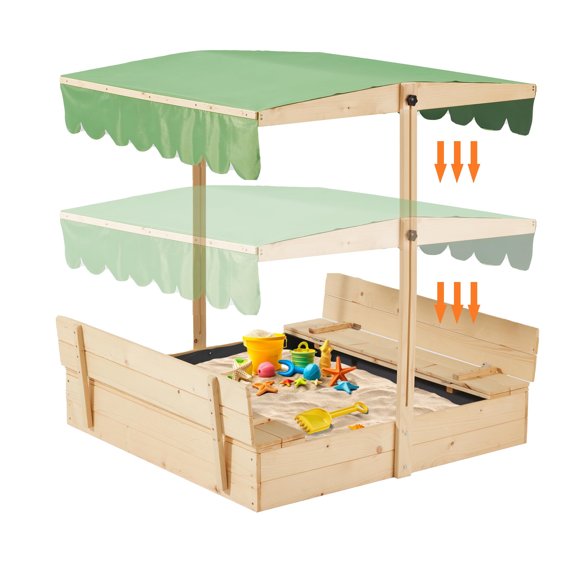 YOLENY Outdoor Wooden Sandbox with Lid & UV-Resistant Roof - Foldable Bench Seats & Bottom Liner - Kids Sand Box for Ages 2-8 - Perfect for Backyard, Beach, Park & Playground Fun