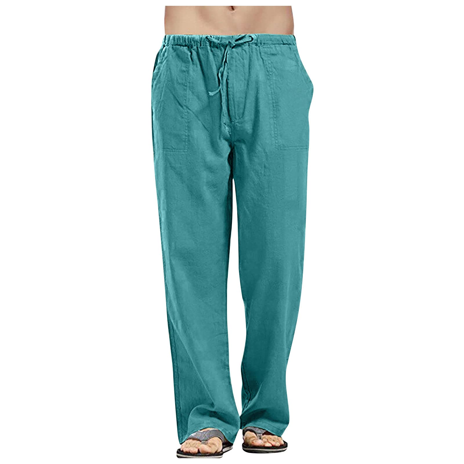Yekay Men's Linen Wide Leg Work Pants - Elastic Waist Straight Fit Ankle Trousers with Pockets | Comfortable Office & Casual Wear for Summer