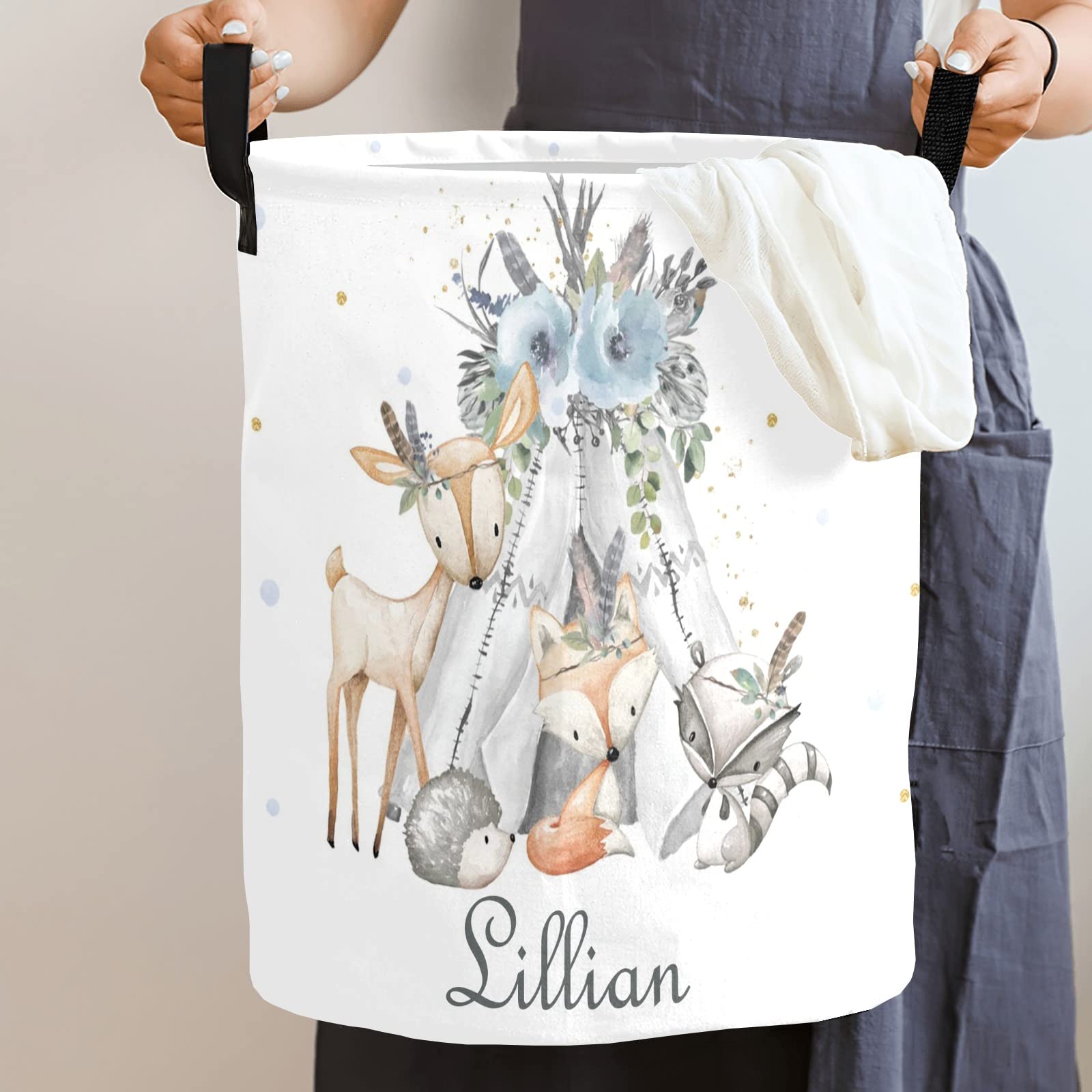 Personalized Woodland Animals Blue Laundry Basket with Handles - Waterproof Collapsible Clothes Hamper for Boys, Large Capacity Storage Organizer for Bedroom & Bathroom Decor | Perfect for Kids' Room, Nursery, and Dorm Organization
