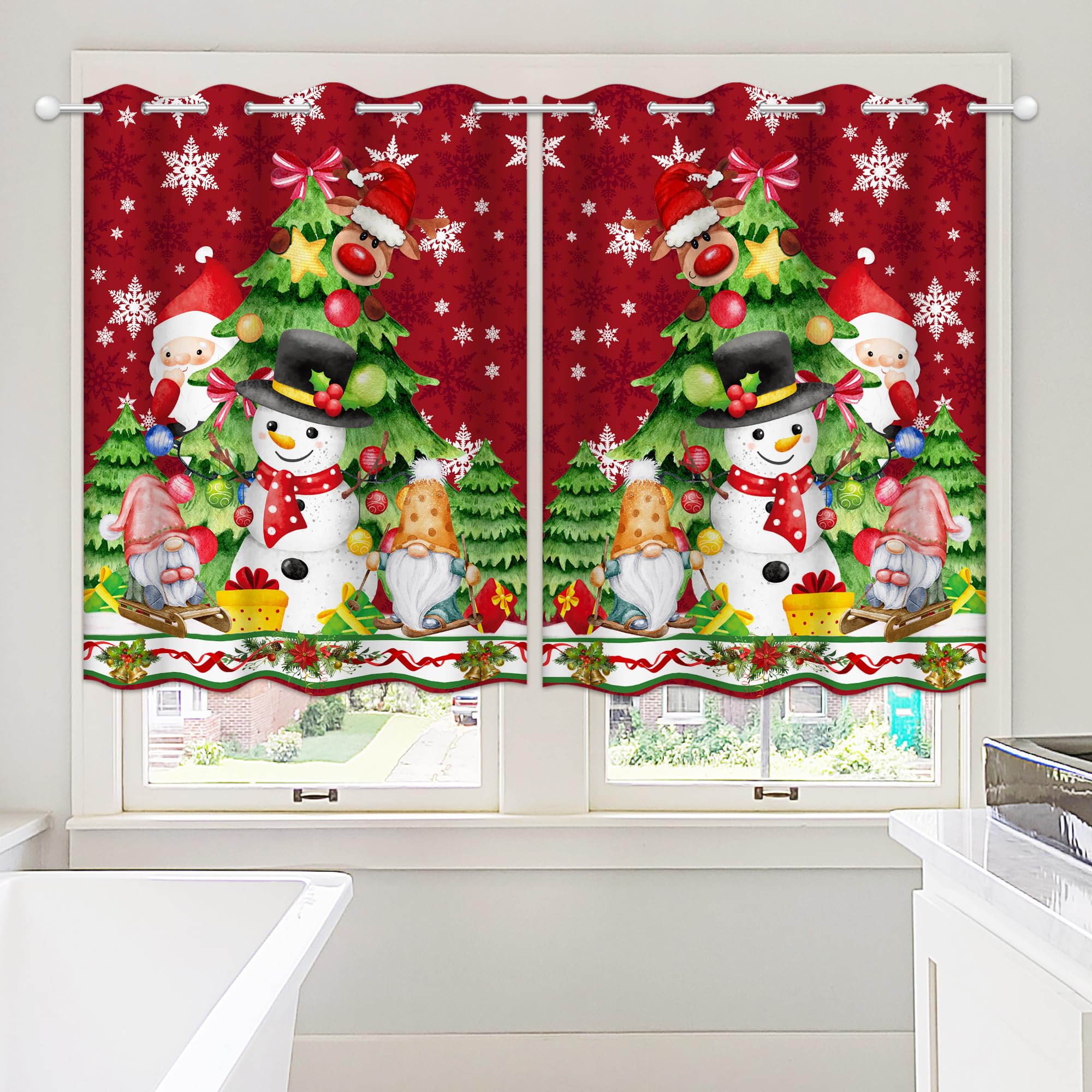 Christmas Kitchen Curtains Set of 3 - Festive Tree, Gnome & Snowflake Design with Valances, 36 Inch Short Window Curtains for Holiday Decor | Perfect for Winter Kitchen, Dining Room & Farmhouse Style Windows