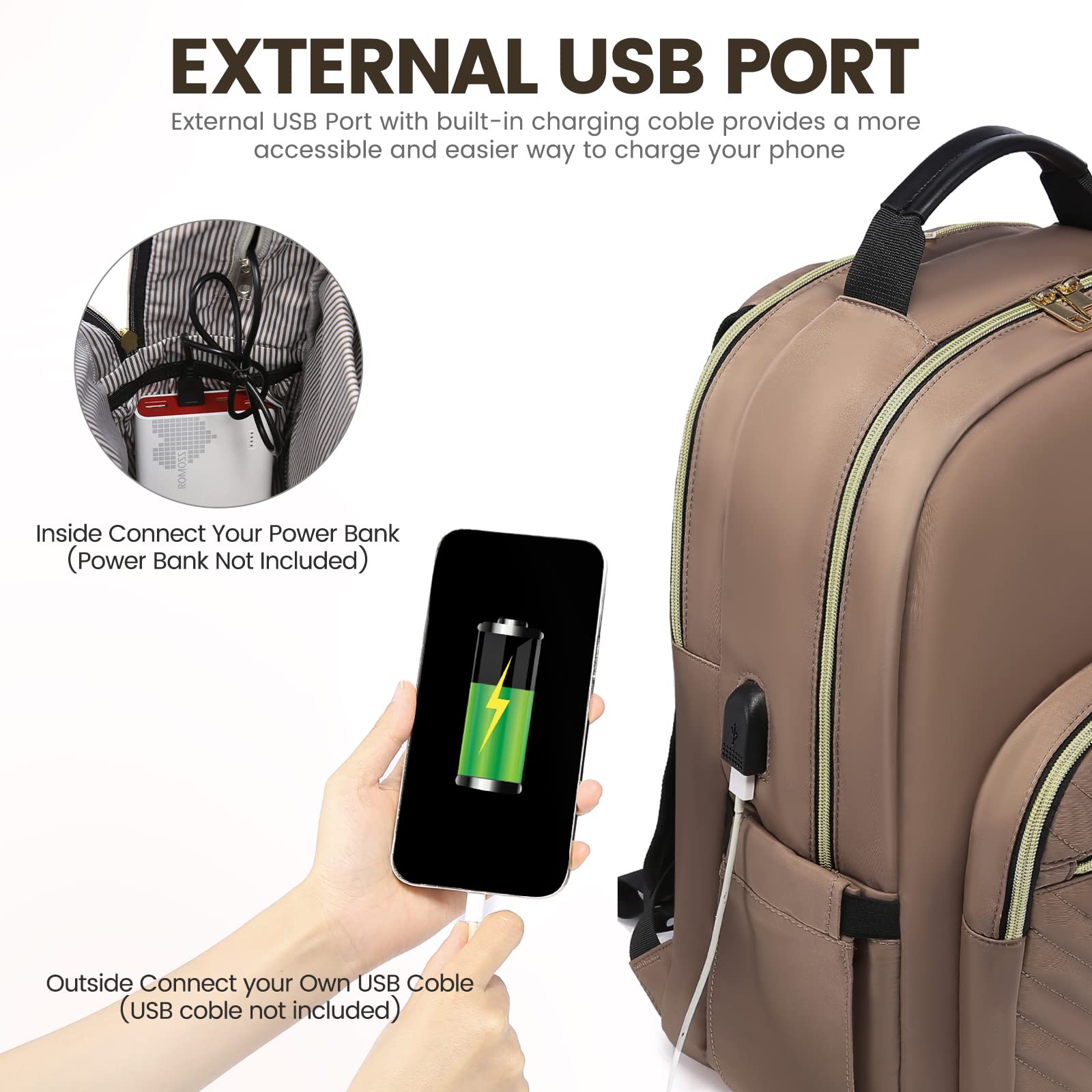 LOVEVOOK 15.6 Inch Women's Laptop Backpack - Waterproof Travel Computer Bag with USB Charging Port for Work, Business, College & Teacher Use | Stylish Brown Purse Backpack for Daily Commute & Professional Meetings