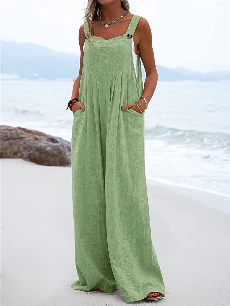 Women's Wide Leg Overalls - Sleeveless Jumpsuit with Pockets | Loose Comfortable Baggy Suspender Romper for Casual Outings, Travel & Summer Fashion