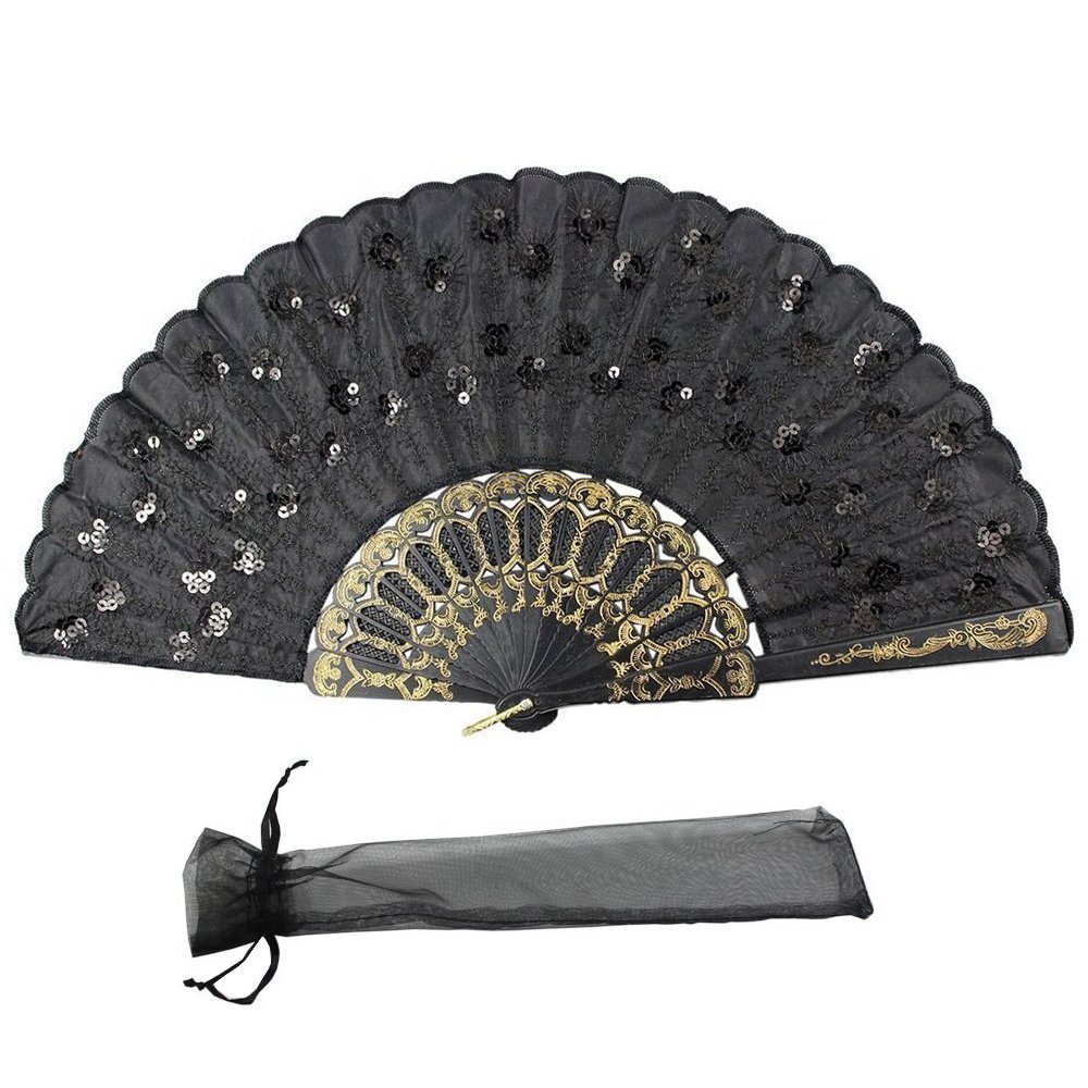 Newstarfactory Peacock Feather Black Sequins Design Plastic Folding Hand Fan - Elegant Cooling Fan for Weddings, Parties, and Summer Outdoor Events