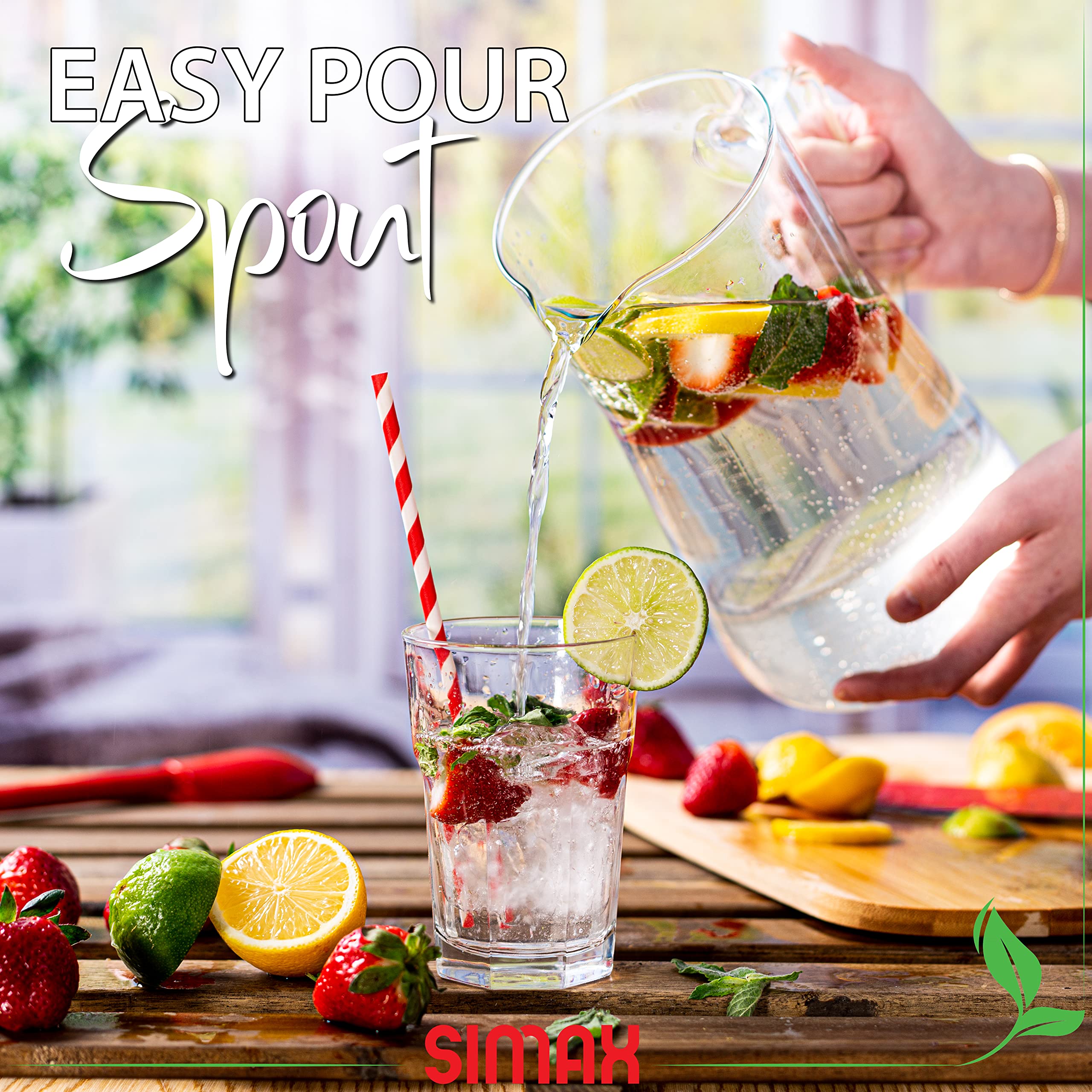 Simax 2.5 Qt (80 Oz) Borosilicate Glass Pitcher with Spout & Handle - Large Angled Cylinder Design for Sangria, Cocktails, Iced Tea & Water - Durable Heat-Resistant Pitcher for Parties, Restaurants & Home Use
