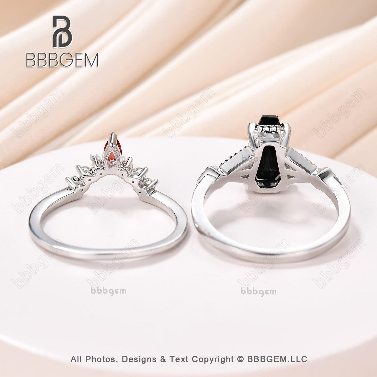 Platinum Coffin Black Spinel & Diamond Wedding Ring Set - 9x6mm Coffin Shaped Onyx & Natural Garnet Engagement Rings for Women | Perfect for Gothic Weddings, Alternative Fashion & Unique Jewelry Lovers