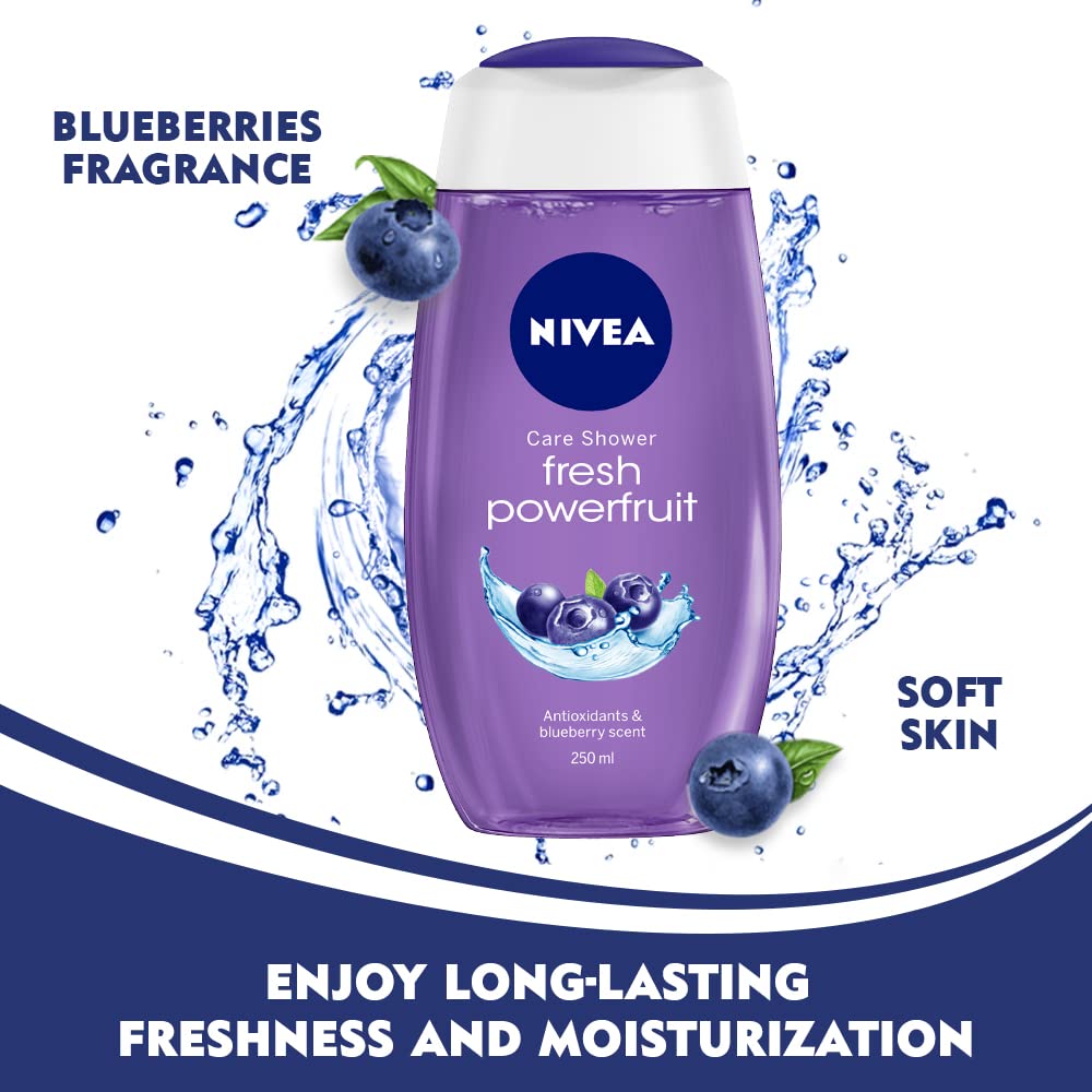 NIVEA Fresh Powerfruit Shower Gel with Antioxidants & Blueberry Scent - 8.5 fl oz (250 ml) Body Wash for Smooth, Hydrated Skin - Perfect for Daily Shower & Relaxing Bath Time