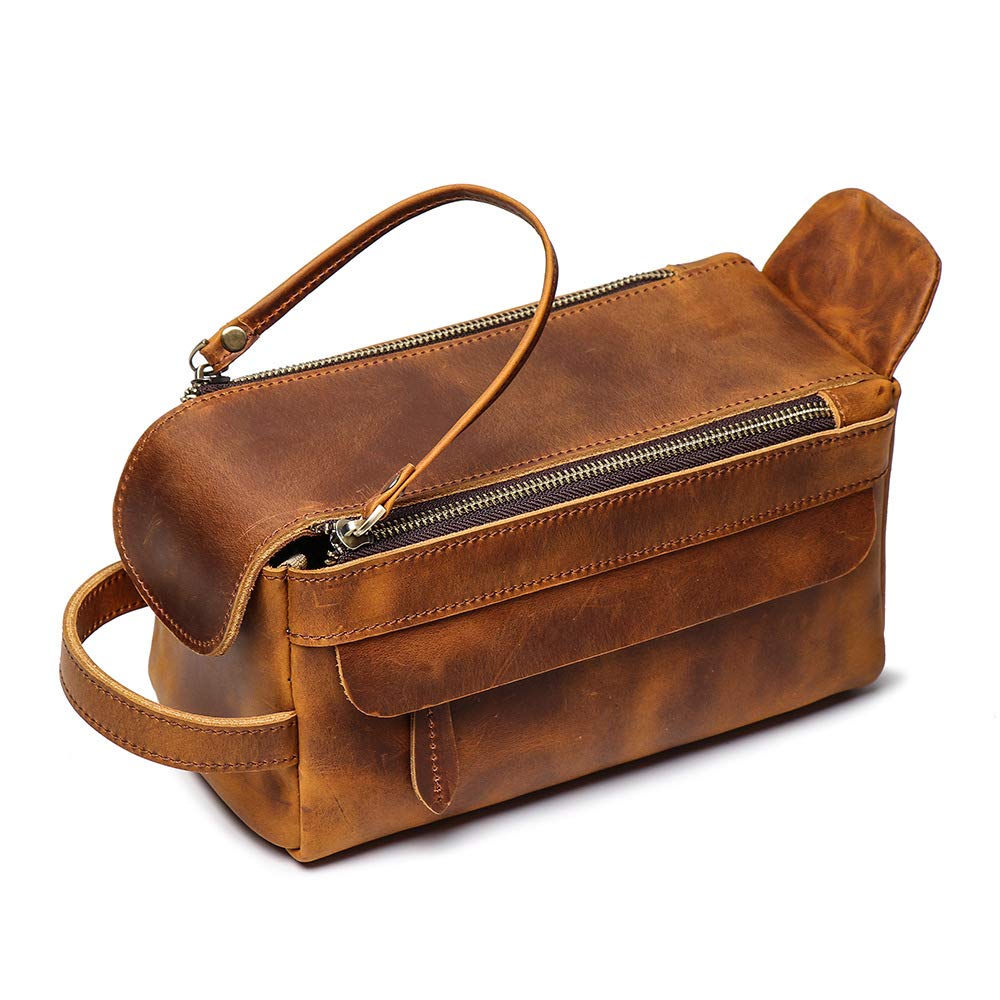 **Genuine Buffalo Retro Leather Unisex Toiletry Bag – Travel Dopp Kit & Washing Bag (Brown) – Perfect for Camping, Gym & Business Trips**