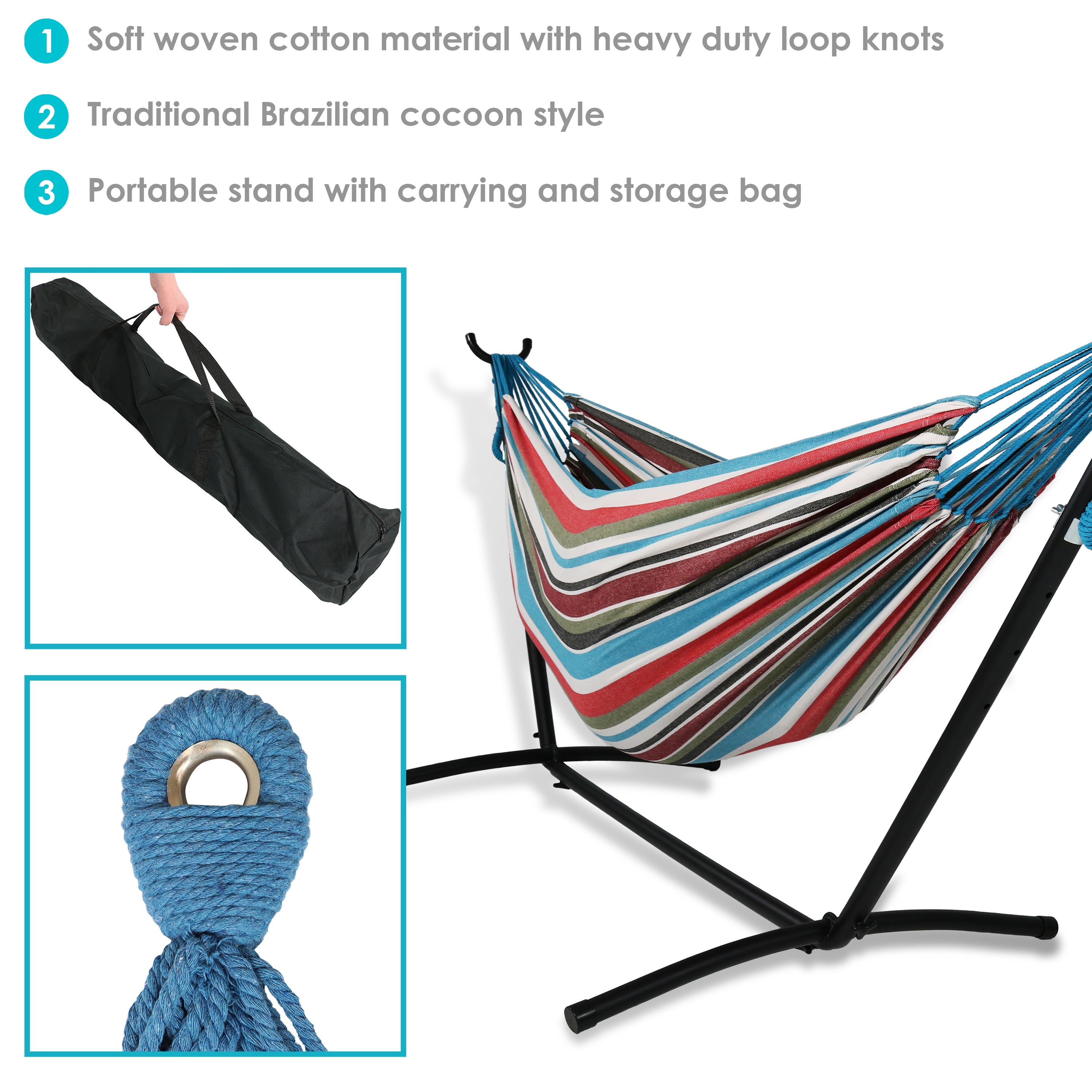 Premium Brazilian Double Hammock with Stand & Carry Bag - Heavy Duty Cotton Rope Hammock for Outdoor, Backyard, Patio & Beach Relaxation