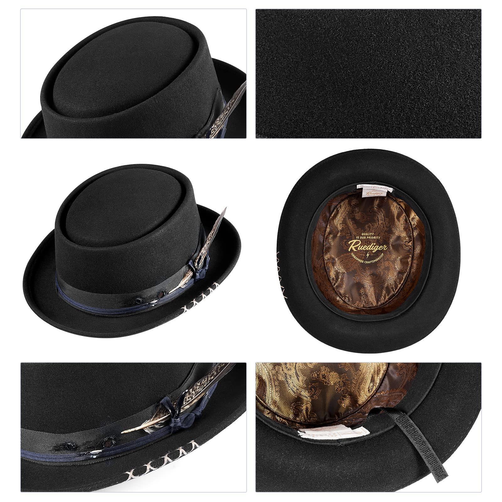 RUEDIGER 100% Wool Felt Wide Brim Fedora Hat for Men & Women - Distressed/Burned Handmade Panama Rancher Hat with Lightning Logo | Perfect for Outdoor Adventures, Country Music Festivals & Western Fashion