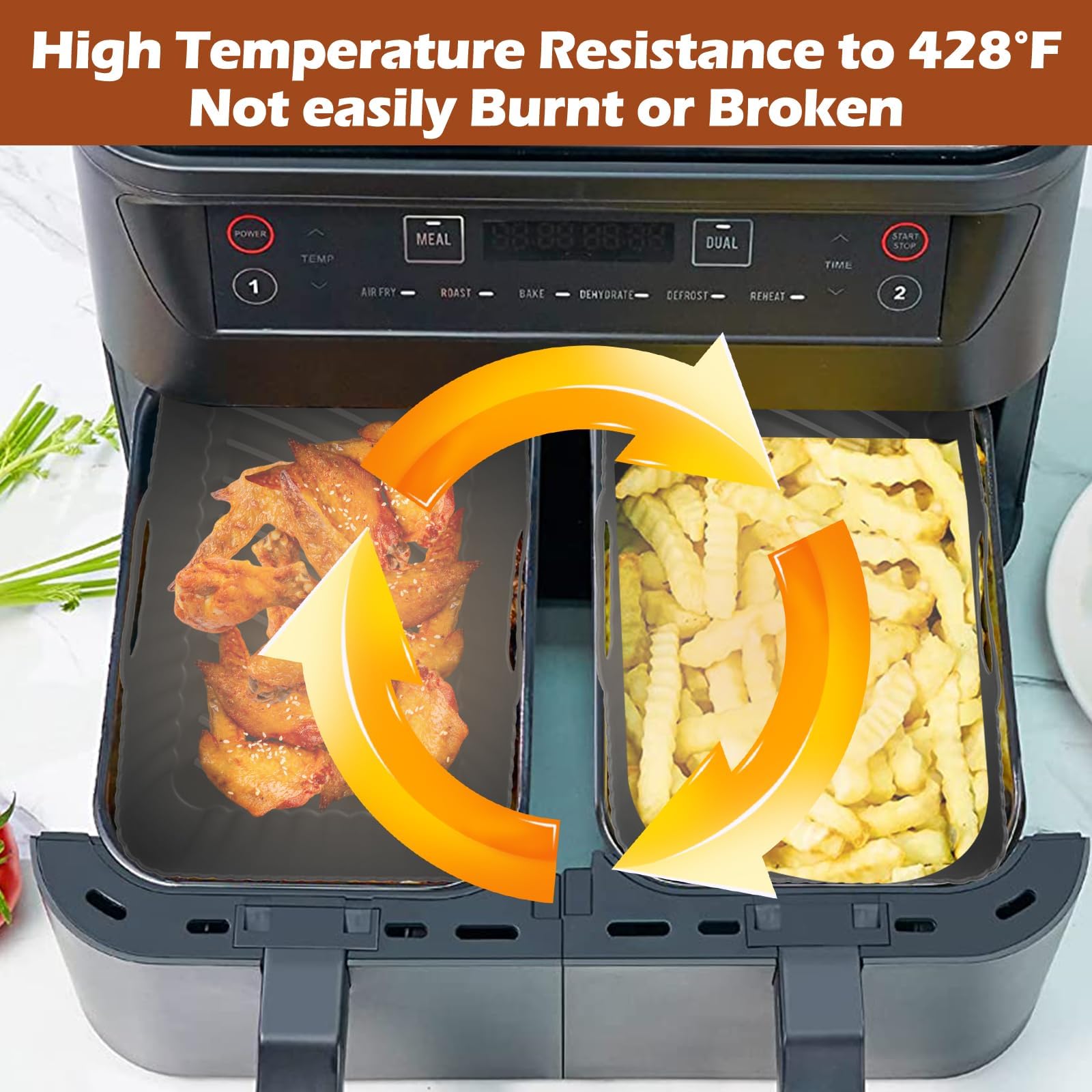 2PCS Non-Stick Silicone Air Fryer Liners for Ninja DZ201/DZ401/DZ550 8-10 QT - Compatible with Ninja, Chefman, COSORI 2 Basket Air Fryers - Reusable Baking Tray Accessories for Healthier Cooking & Easy Cleanup - Perfect for Roasting, Baking, and Air Frying Chicken, Fries, and Vegetables