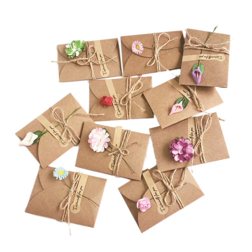 10pcs Vintage Dried Flowers Greeting Cards - Valentine's Day Note Cards, Kraft Paper Invitations, DIY Wish Cards (Random Styles) - Perfect for Weddings, Anniversaries & Romantic Gifts