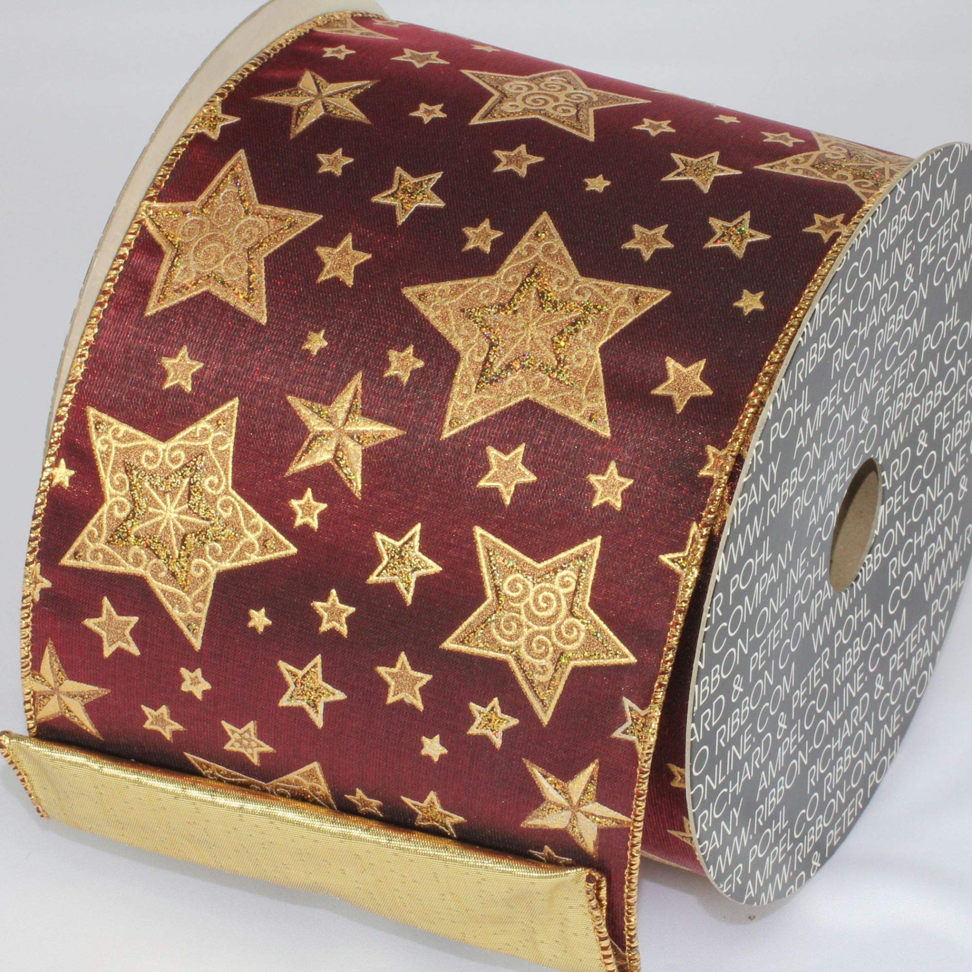 Burgundy Gold Star Print Wired Craft Ribbon - 5 Inch x 20 Yards Bulk Roll for Gift Wrapping, Holiday Decorations, DIY Crafts and Party Supplies