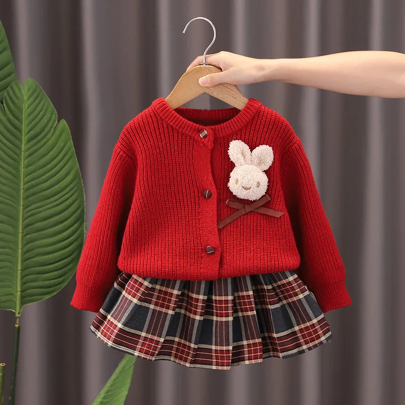 Adorable 2-Piece Christmas Outfit for Girls - Red Knit Sweater & Bunny Skirt Set (Ages 2-7Y) | Perfect for Holiday Parties & Family Photos