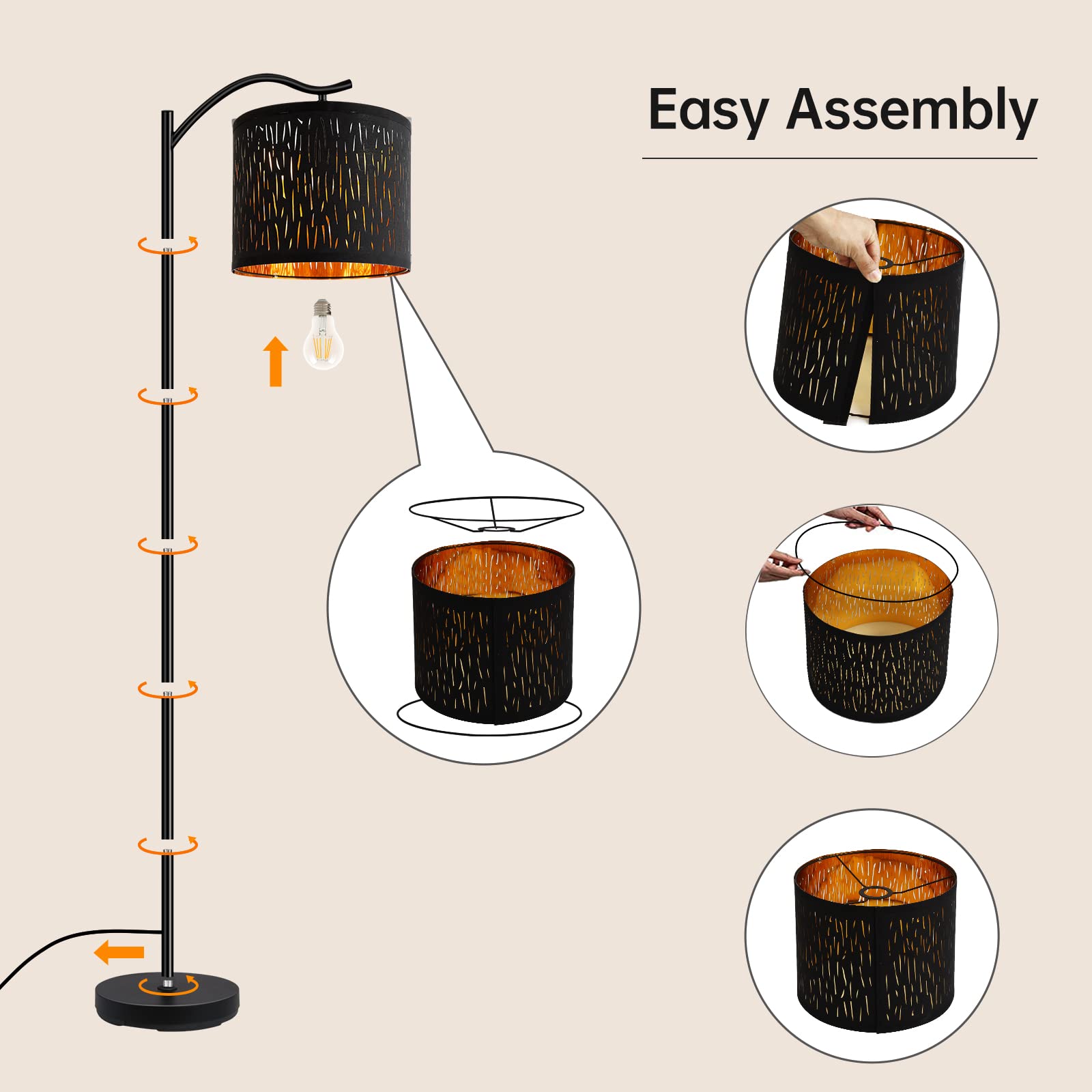 BoostArea 8W LED Arched Floor Lamp with Linen Shade - Mid Century Modern Tree Texture Standing Light for Living Room, Bedroom & Office - Perfect for Reading Nook, Cozy Corner and Workspace Lighting