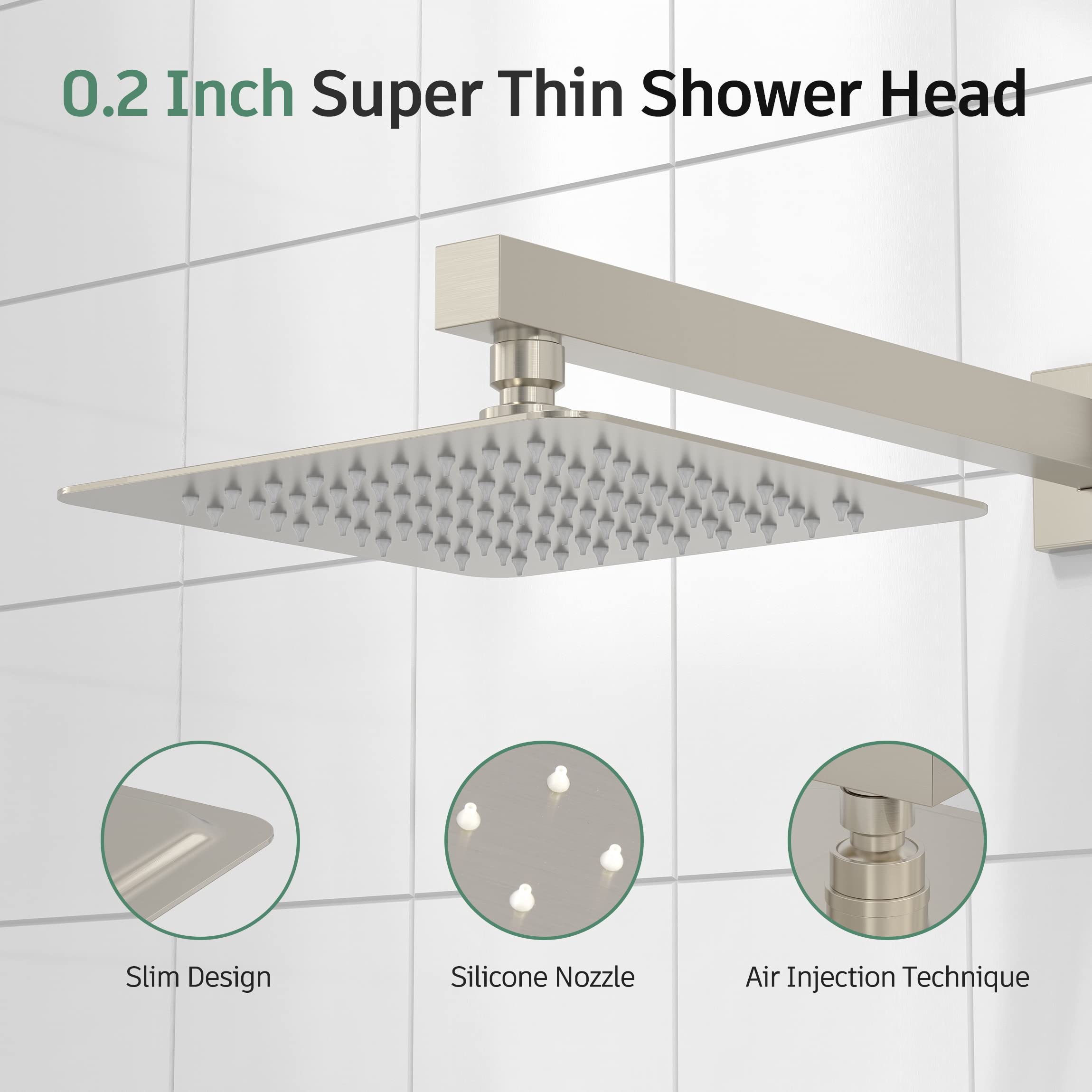 SunCleanse 8 Inch Square Shower Faucet Set with Valve - Brushed Nickel Single Handle Shower Trim Kit with Extra Long Shower Arm - Perfect for Modern Bathroom Renovations & Spa-Like Shower Experience
