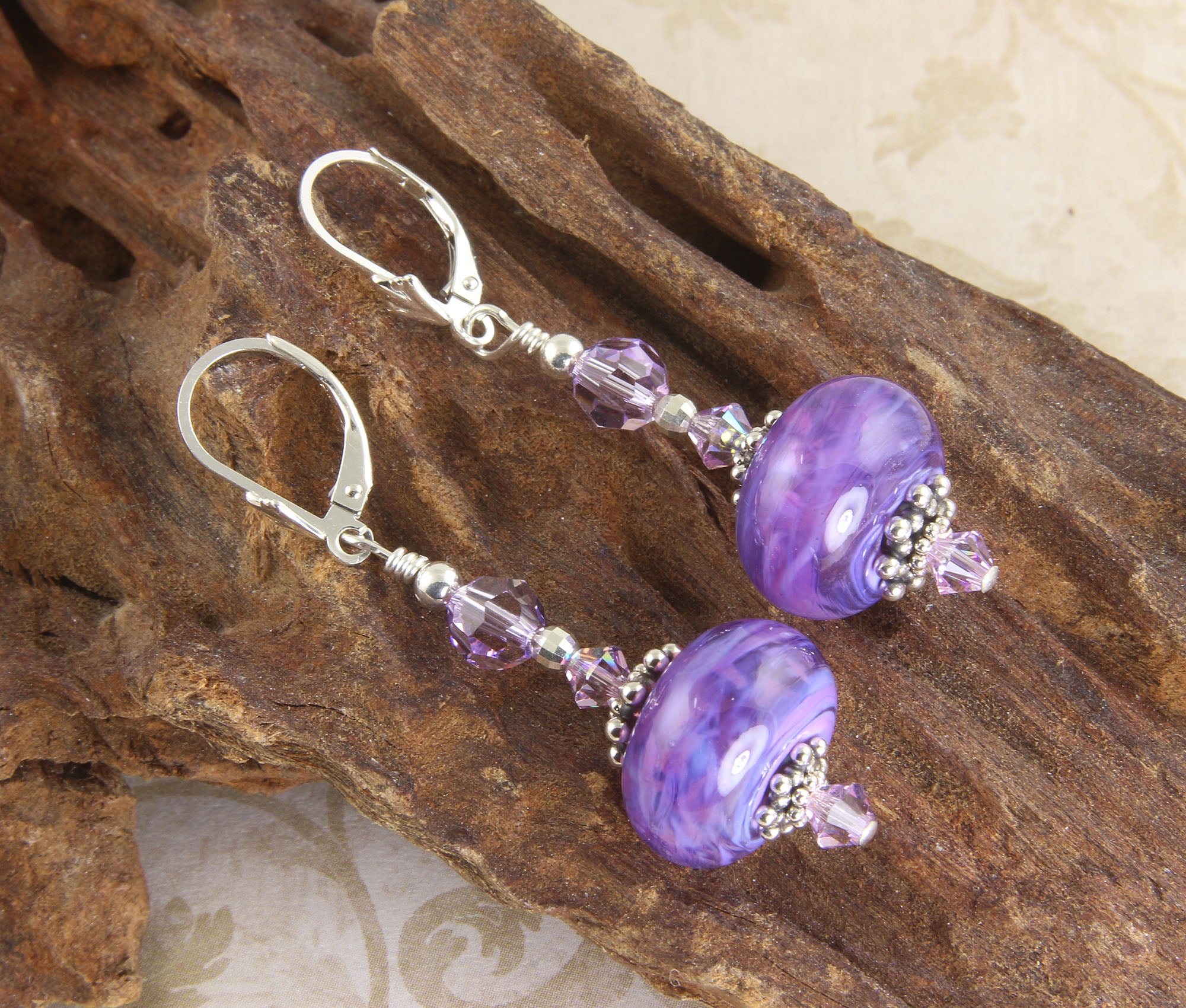 Handmade Cosmo Violet Lampwork Glass Bead Earrings for Women - Boho Chic Dangle Earrings for Party, Wedding & Everyday Wear